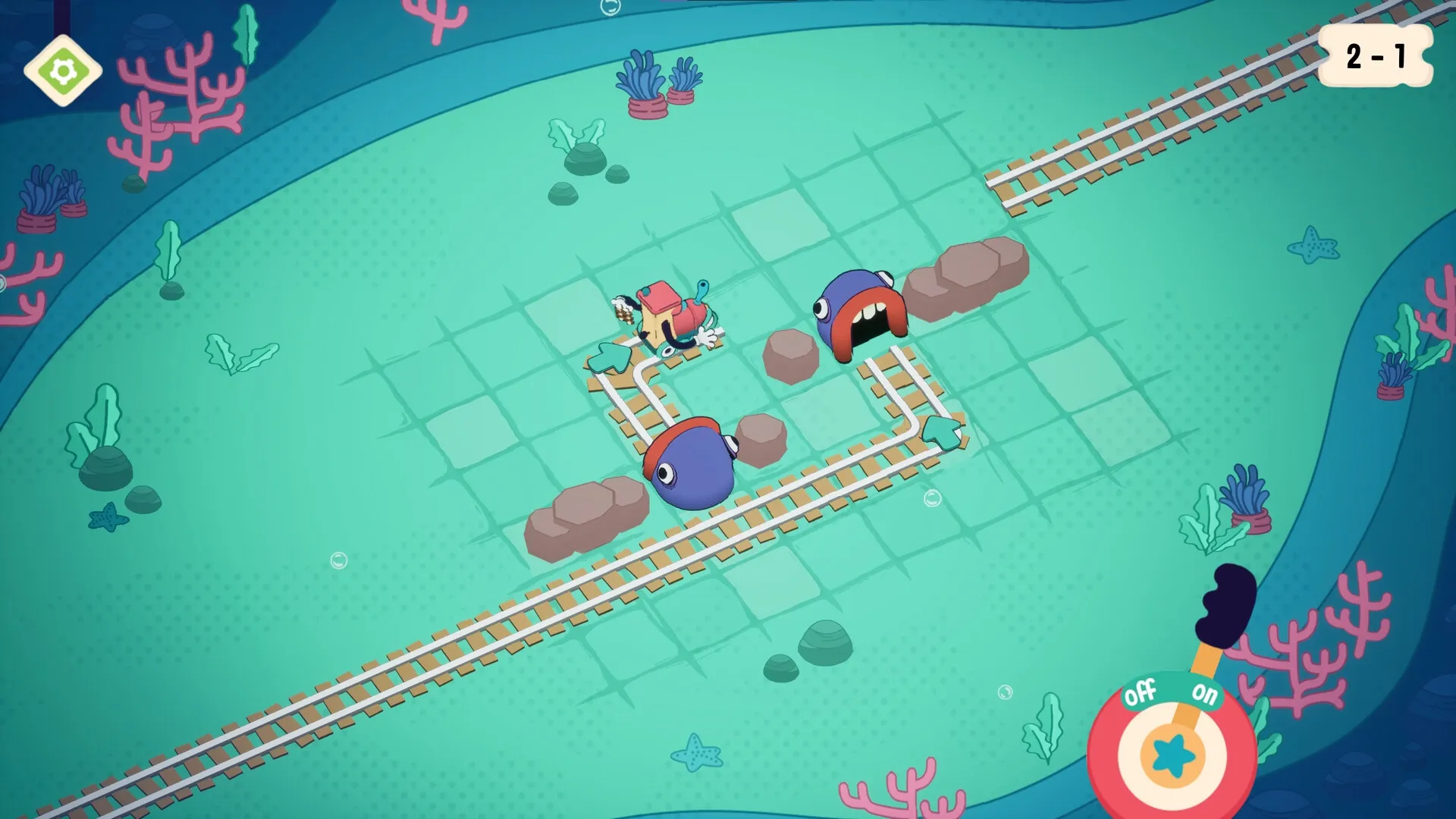 Trackastrophe!: Train navigates underwater tracks with cartoon fish obstacles in a vibrant aquatic world