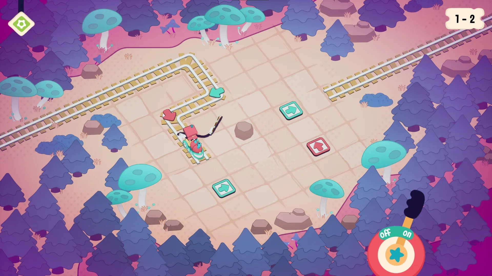 Trackastrophe!: Train navigating forest grid with directional tiles and colorful trees, level indicator 1-2