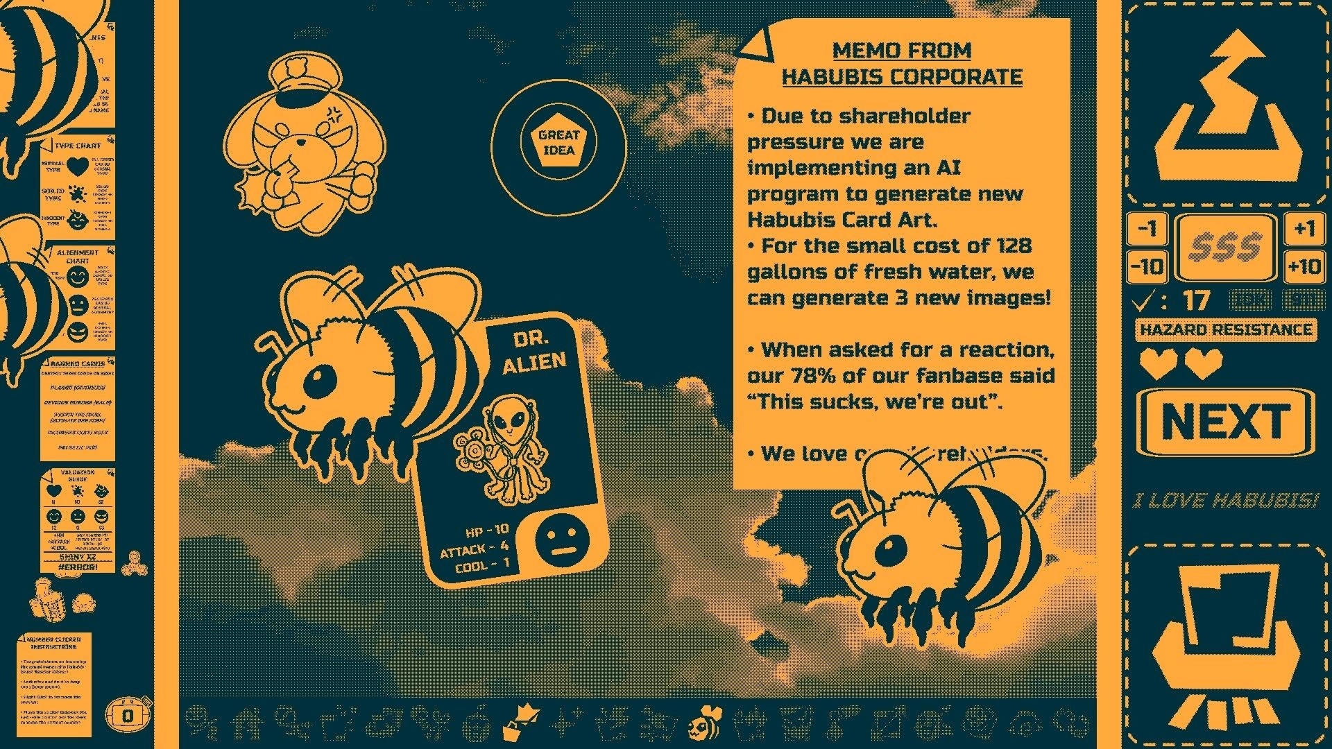 Trading Card Inspector: Reviewing "Dr. Alien" card with corporate memo and hazard stats on screen