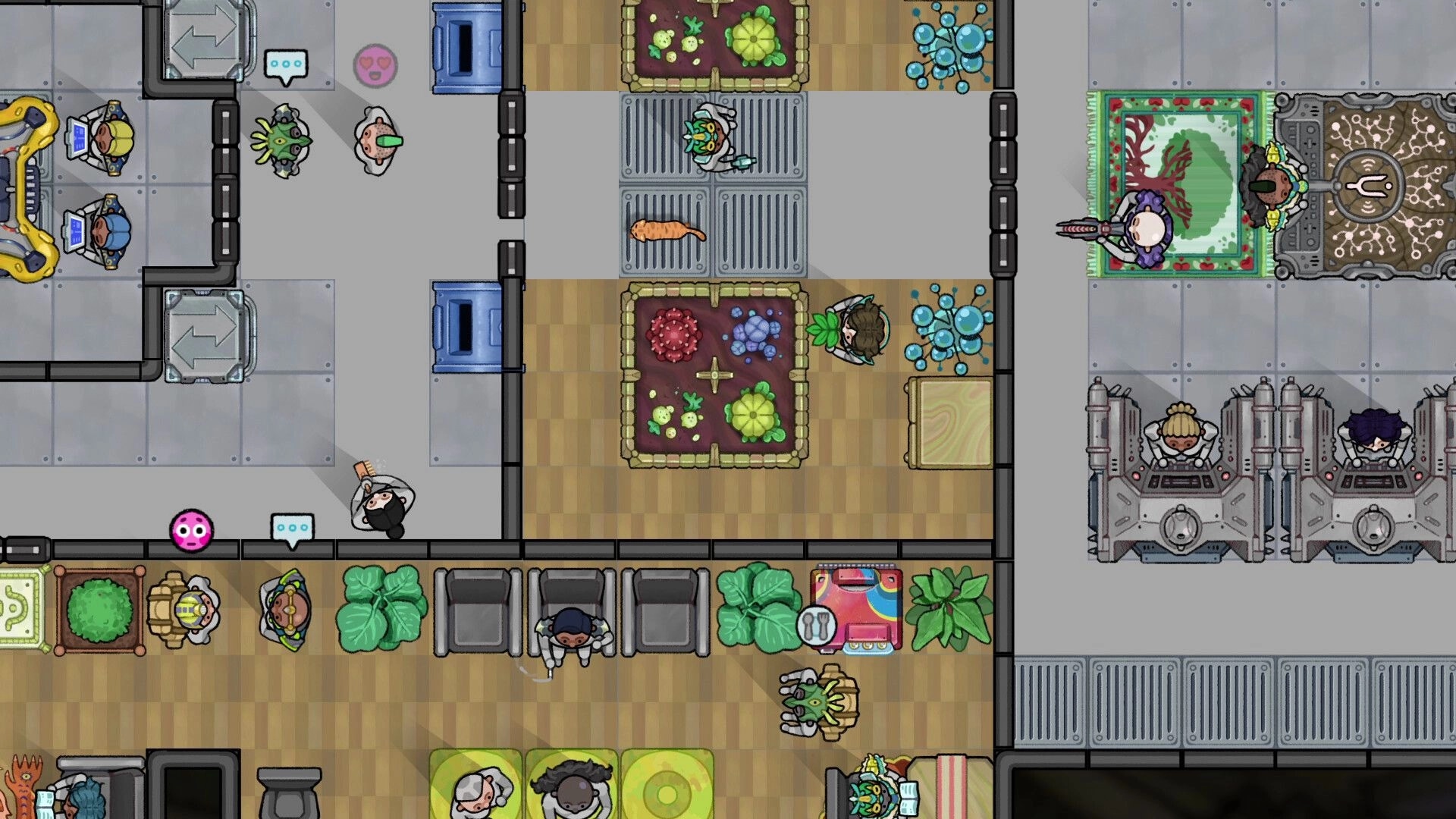 Trailblazers: Overhead view of colony interior with characters managing resources and tending to plants