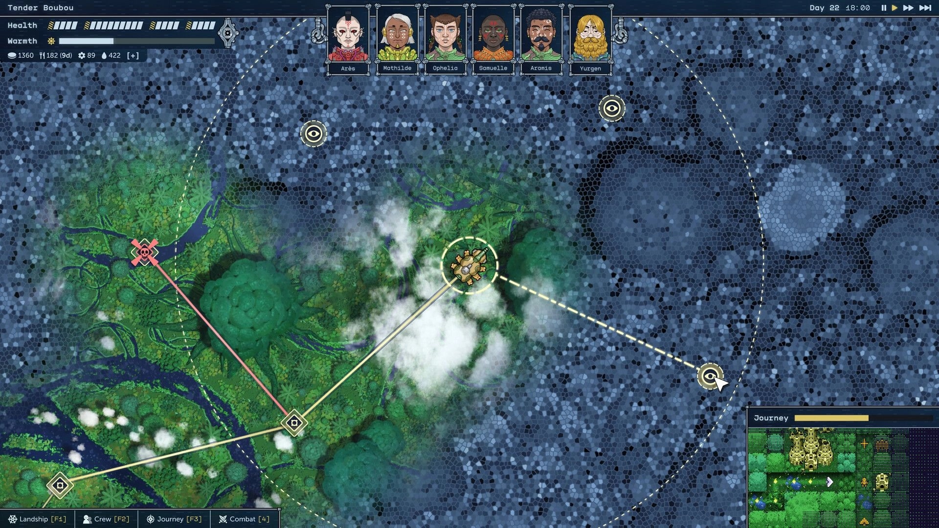 Trailblazers: Map exploration with character stats, showing the Landship path through dense forest terrain