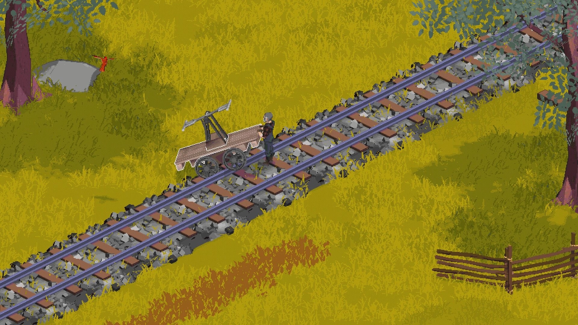 Train Goes Right: Character pushing handcar on railroad track through a grassy field with trees nearby