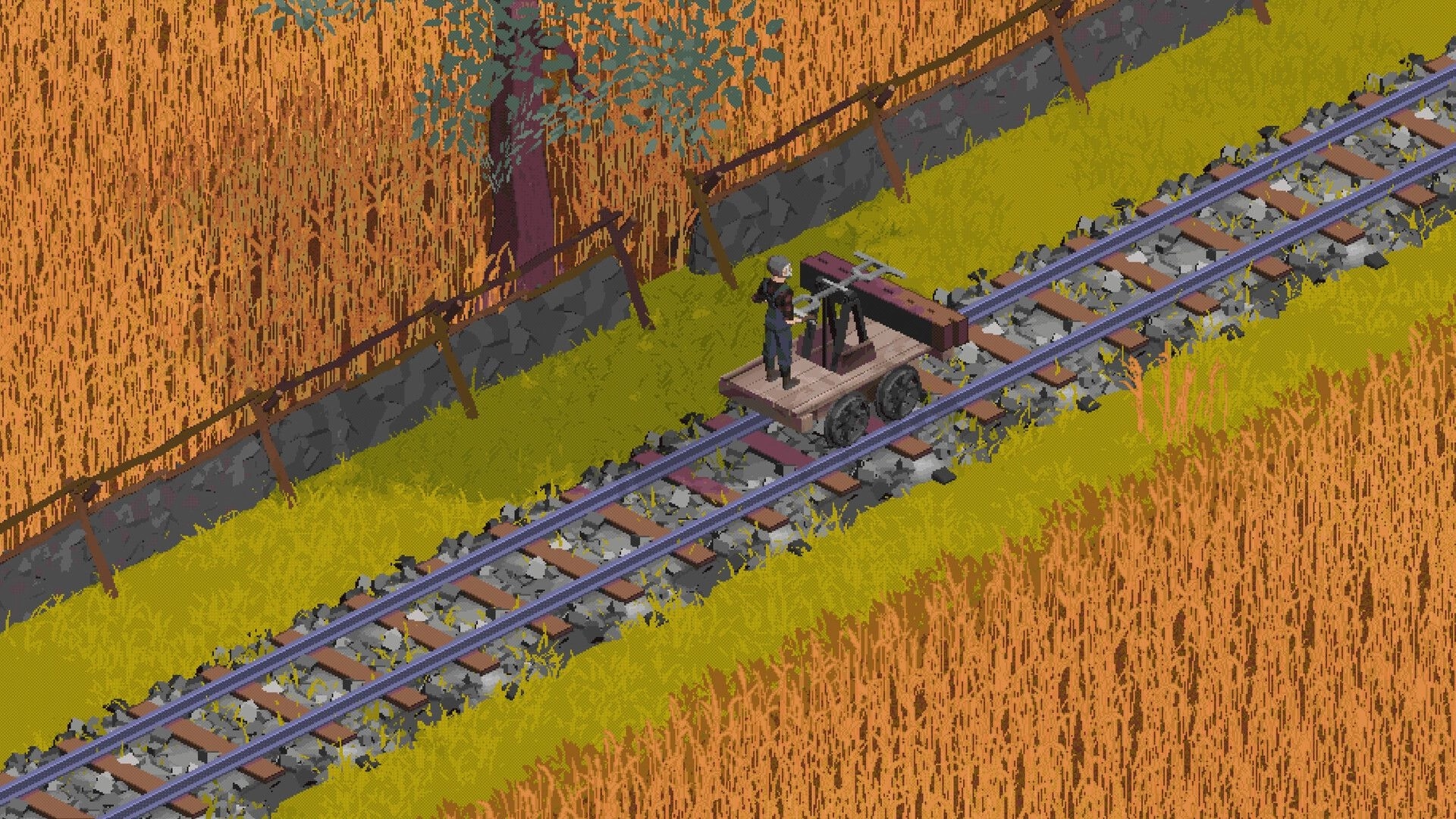 Train Goes Right: Character operates handcar on rail track through dense wheat field with fence and tree