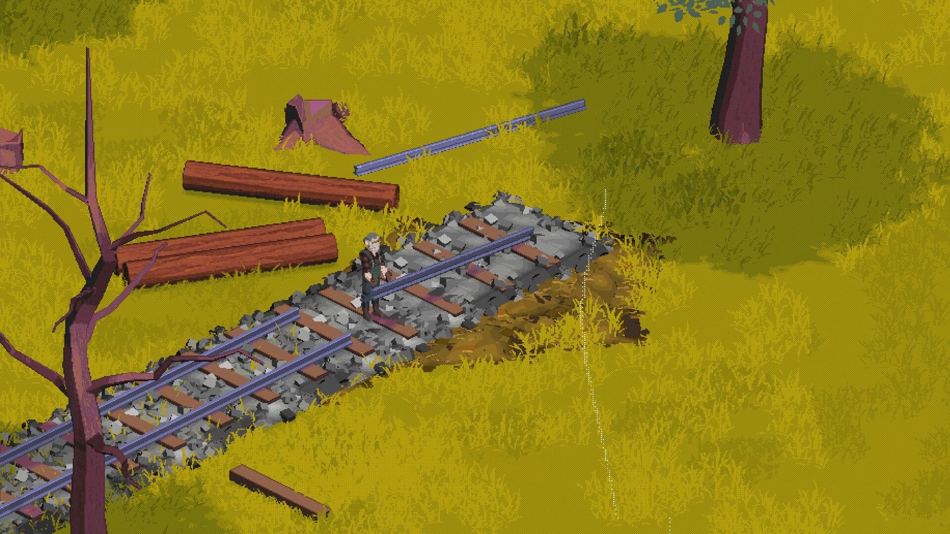 Train Goes Right: Player character laying railway tracks in a grassy field with scattered logs and trees