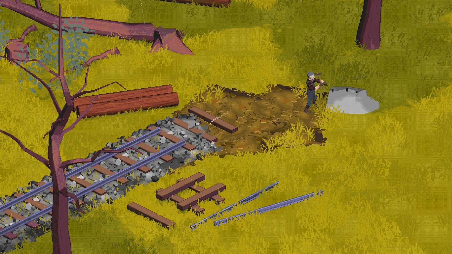 Train Goes Right: Player chops trees near unfinished track in grassy forest setting with wooden planks.