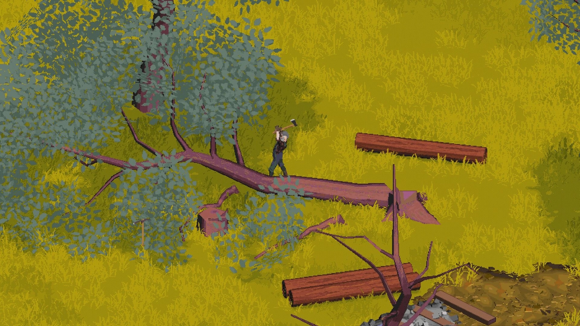 Train Goes Right: Character chopping trees in a grassy forest environment with logs scattered around