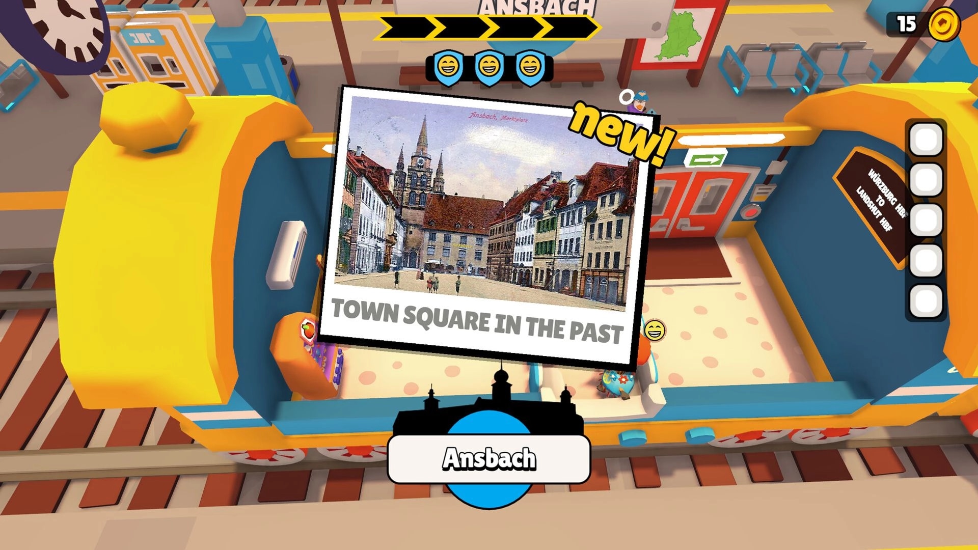 Train Jumble: New postcard reward pops up over passenger car at Ansbach station with smiley meters UI.