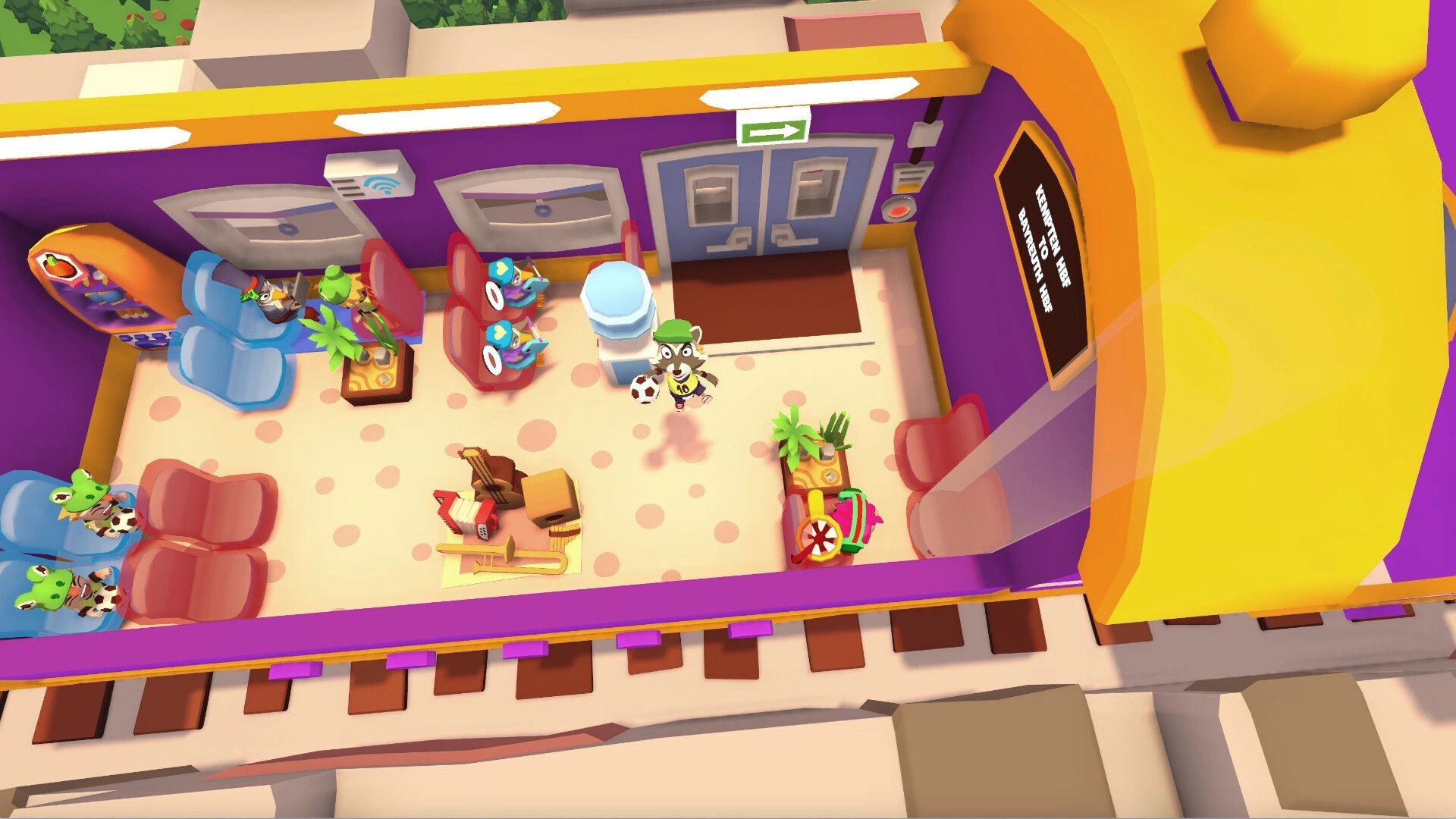 Train Jumble: Rearranging passengers and furniture in a colorful train car with seats, plants, and door UI.