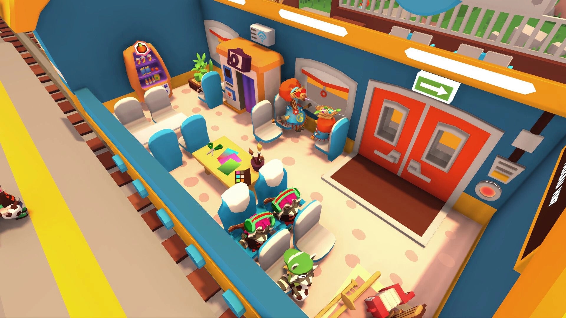 Train Jumble: Passengers seated in a train car with tables, vending machine, and exit doors inside.