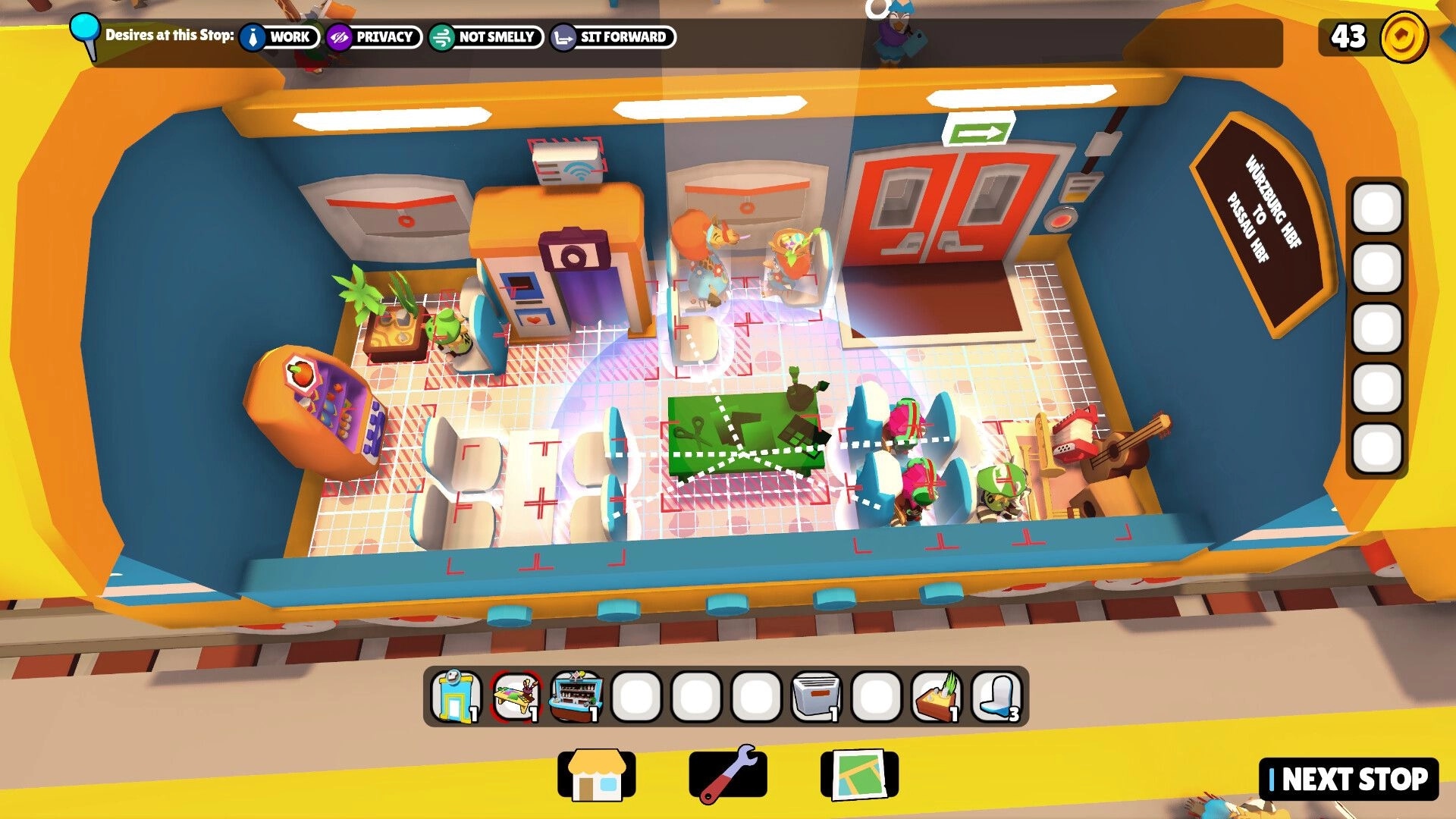 Train Jumble: Rearranging seats and tables in a train cabin with passenger desires UI and next stop button.
