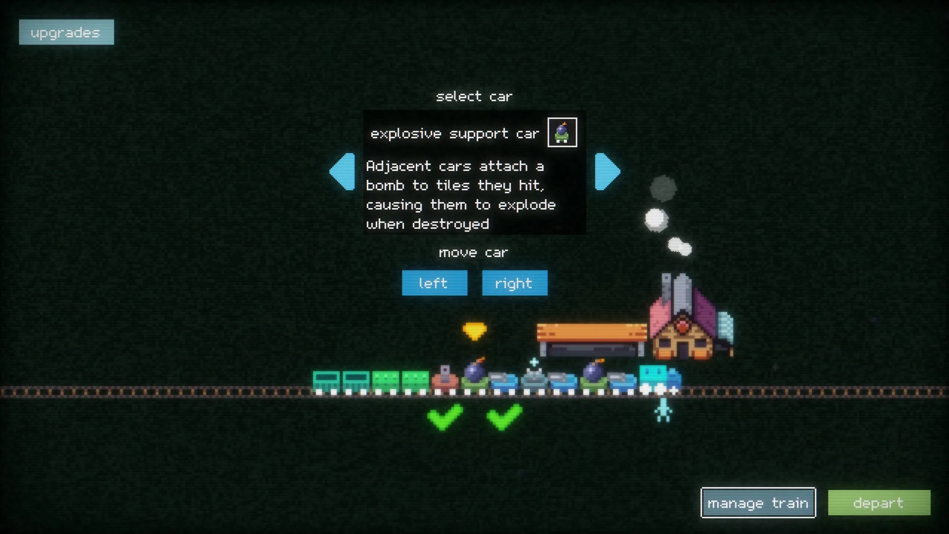 Trainatic: Selecting explosive support car with train layout and manage options visible on dark screen