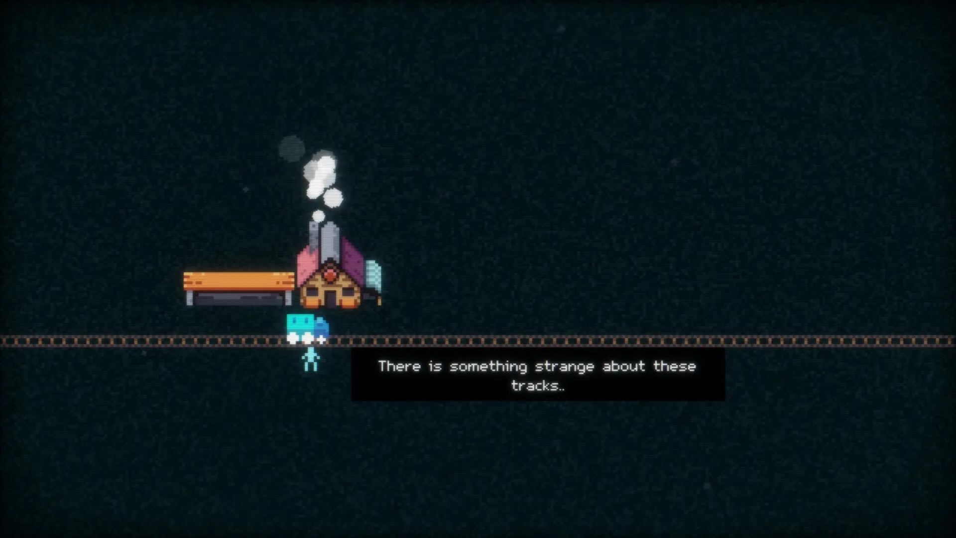 Trainatic: Pixel character explores train tracks near a small house with smoke against a dark background.