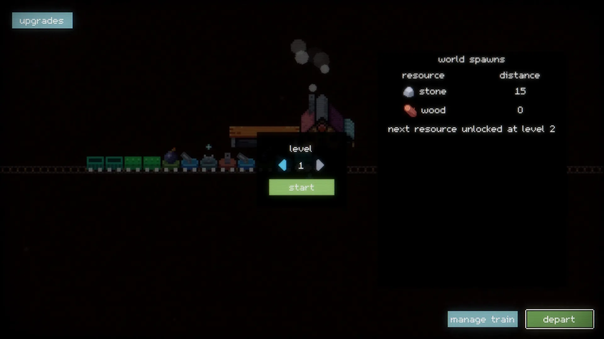 Trainatic: Train-building interface with level selection, resource stats, and start button in dark setting