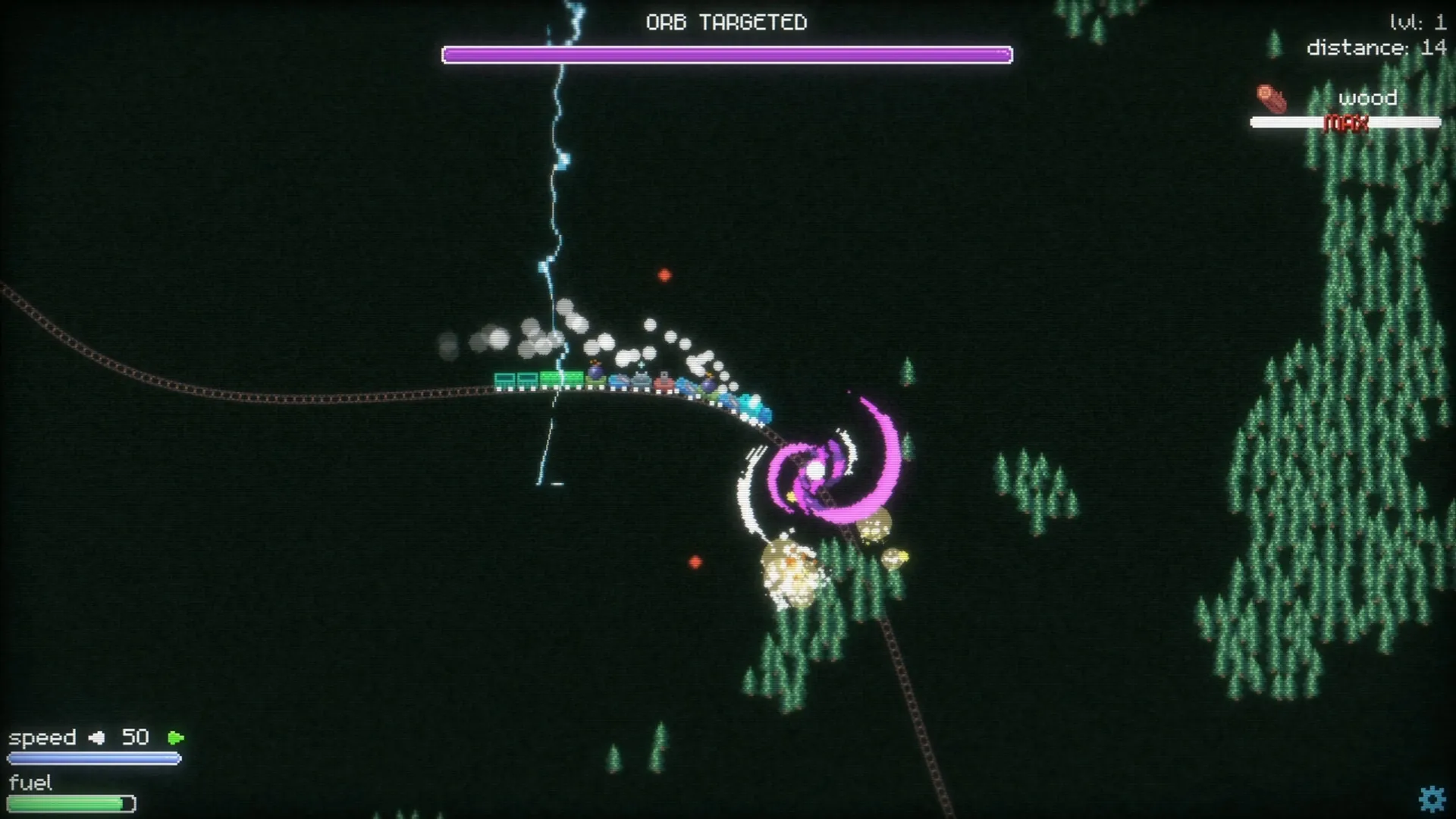 Trainatic: Train on a curved track with swirling purple vortex and resource stats in forest setting
