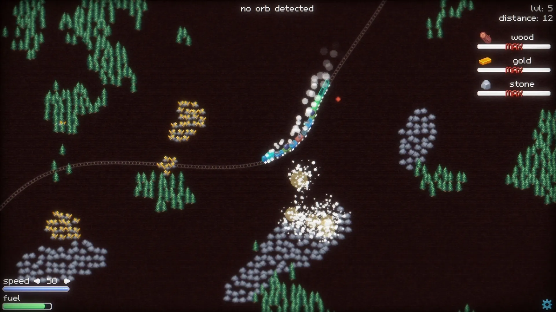 Trainatic: Train moves through forest collecting resources with UI displaying wood, gold, and stone levels