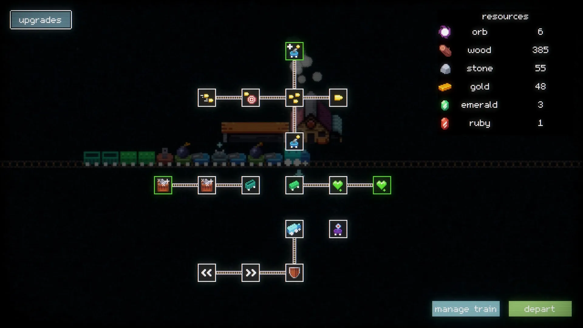Trainatic: Upgrade tree with various icons and resources panel on dark background
