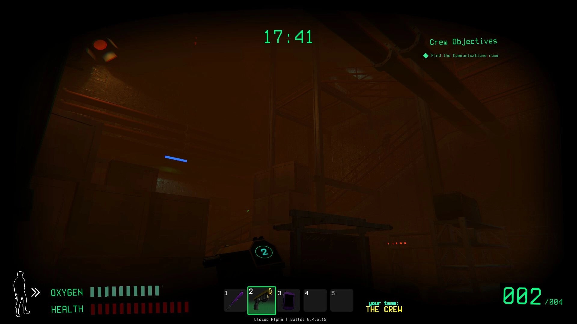 Traitors: Exploring a dimly lit space station with HUD showing oxygen, health, and crew objectives.