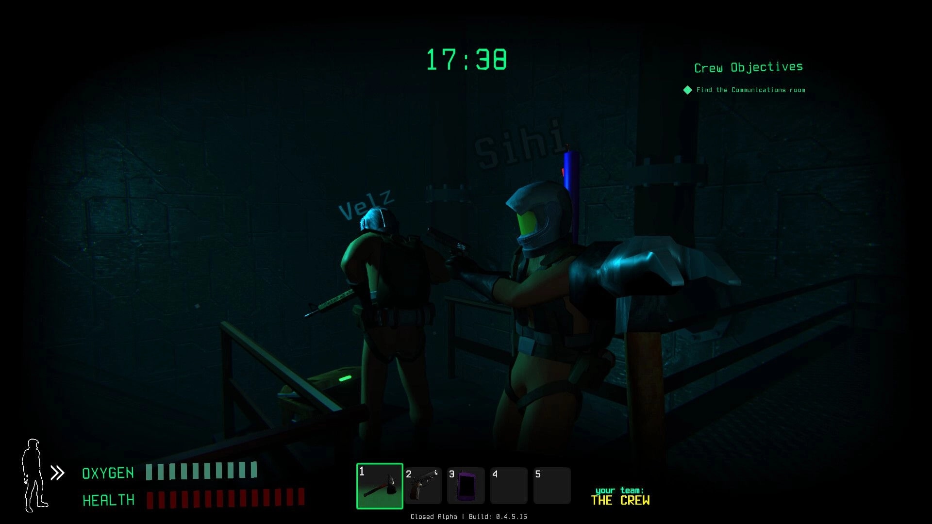 Traitors: Two crew members in dimly lit space station corridor, holding weapons, with objectives displayed.