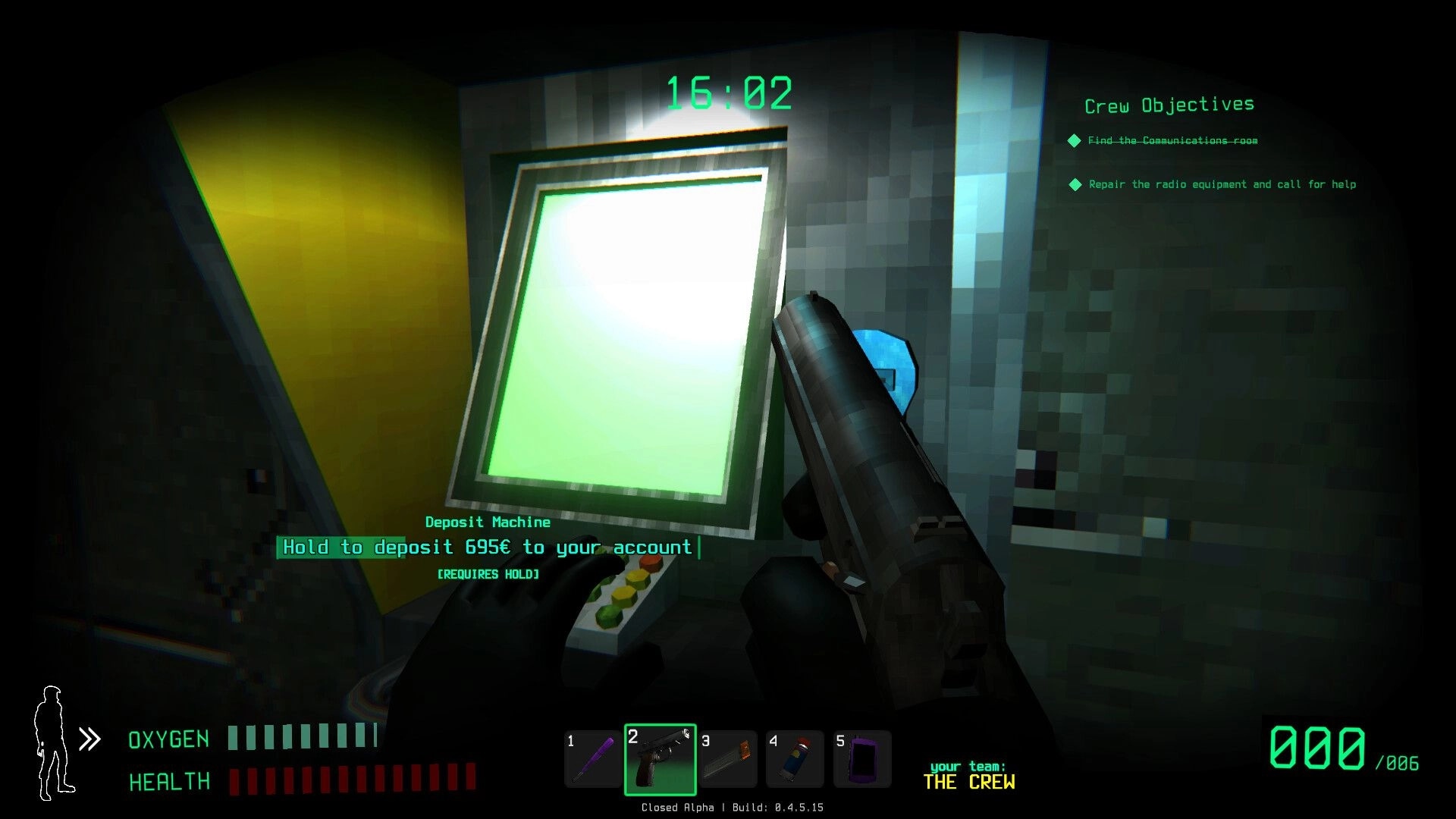 Traitors: Player holds gun near deposit machine in dimly lit space station with objectives displayed