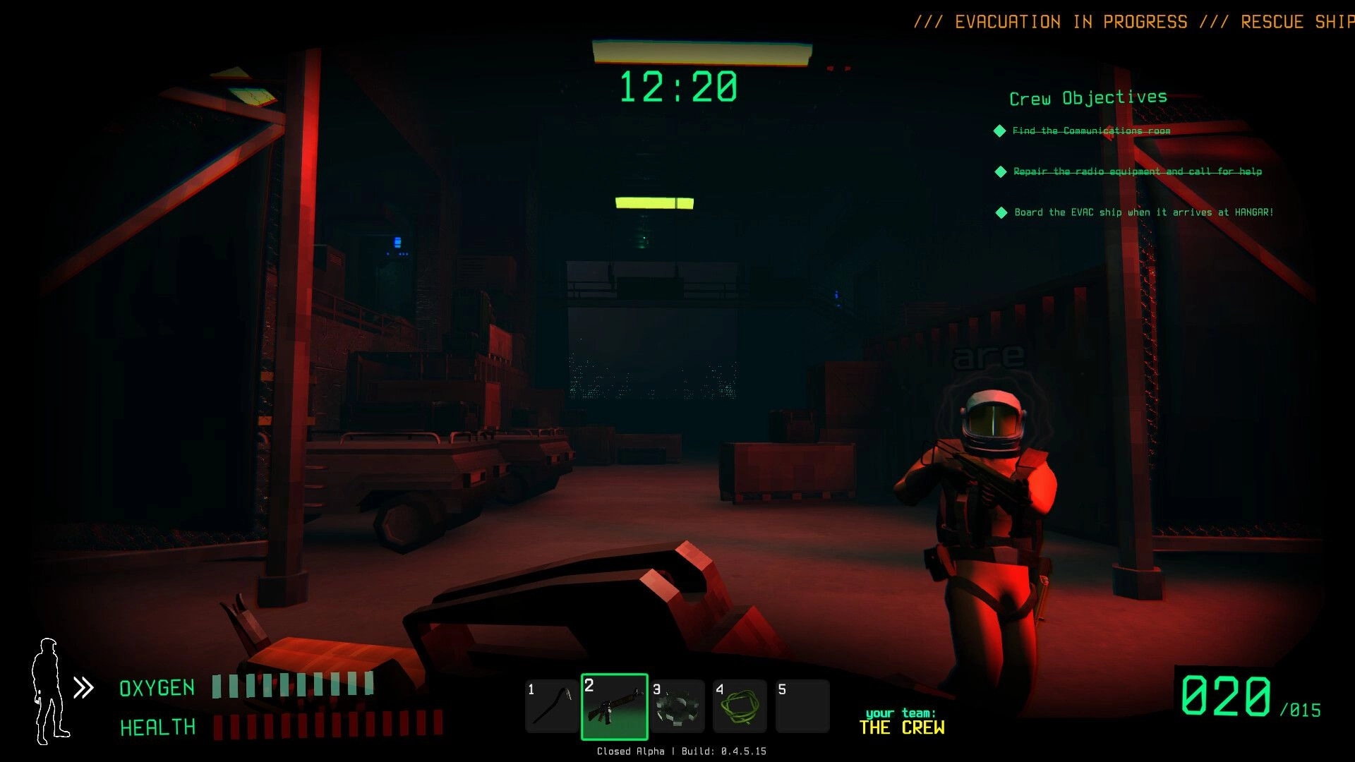 Traitors: Astronaut in space station warehouse with objectives list and oxygen, health UI visible