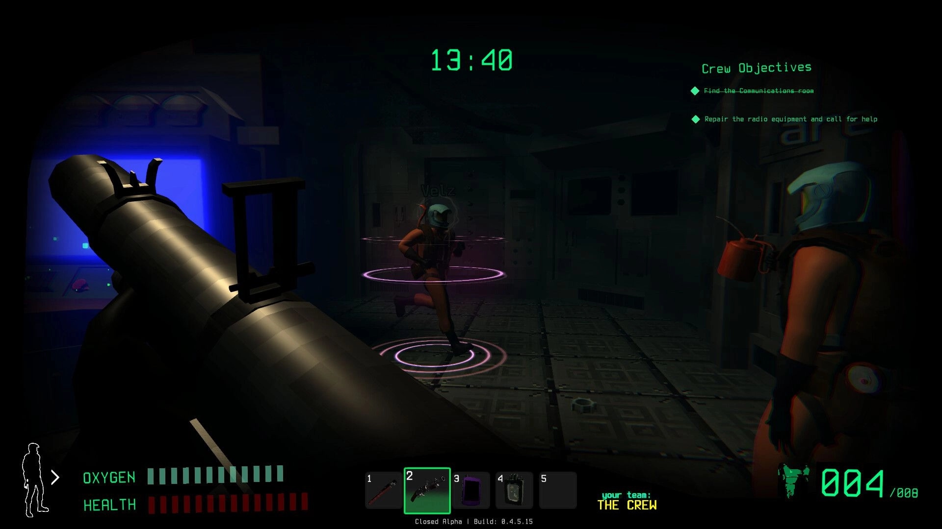 Traitors: Player Velz runs through dark space station corridor, weapon ready, objectives displayed.