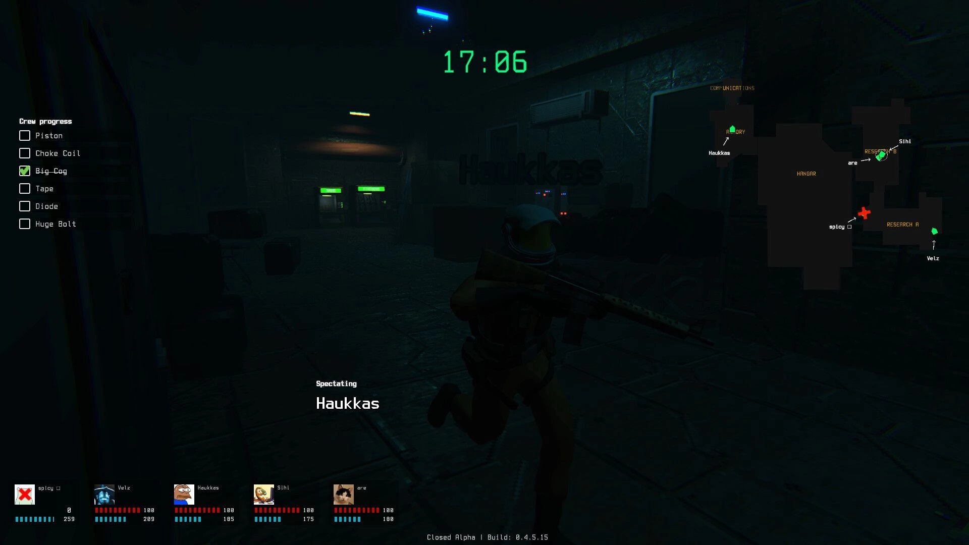 Traitors: Haukka sneaks through dimly lit space station corridor, map and crew progress visible on screen