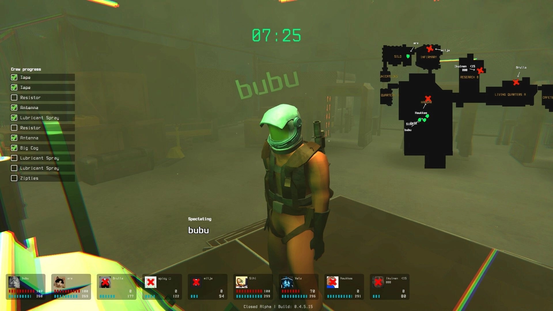 Traitors: Character "bubu" in green helmet stands in foggy space station with map and crew progress UI.