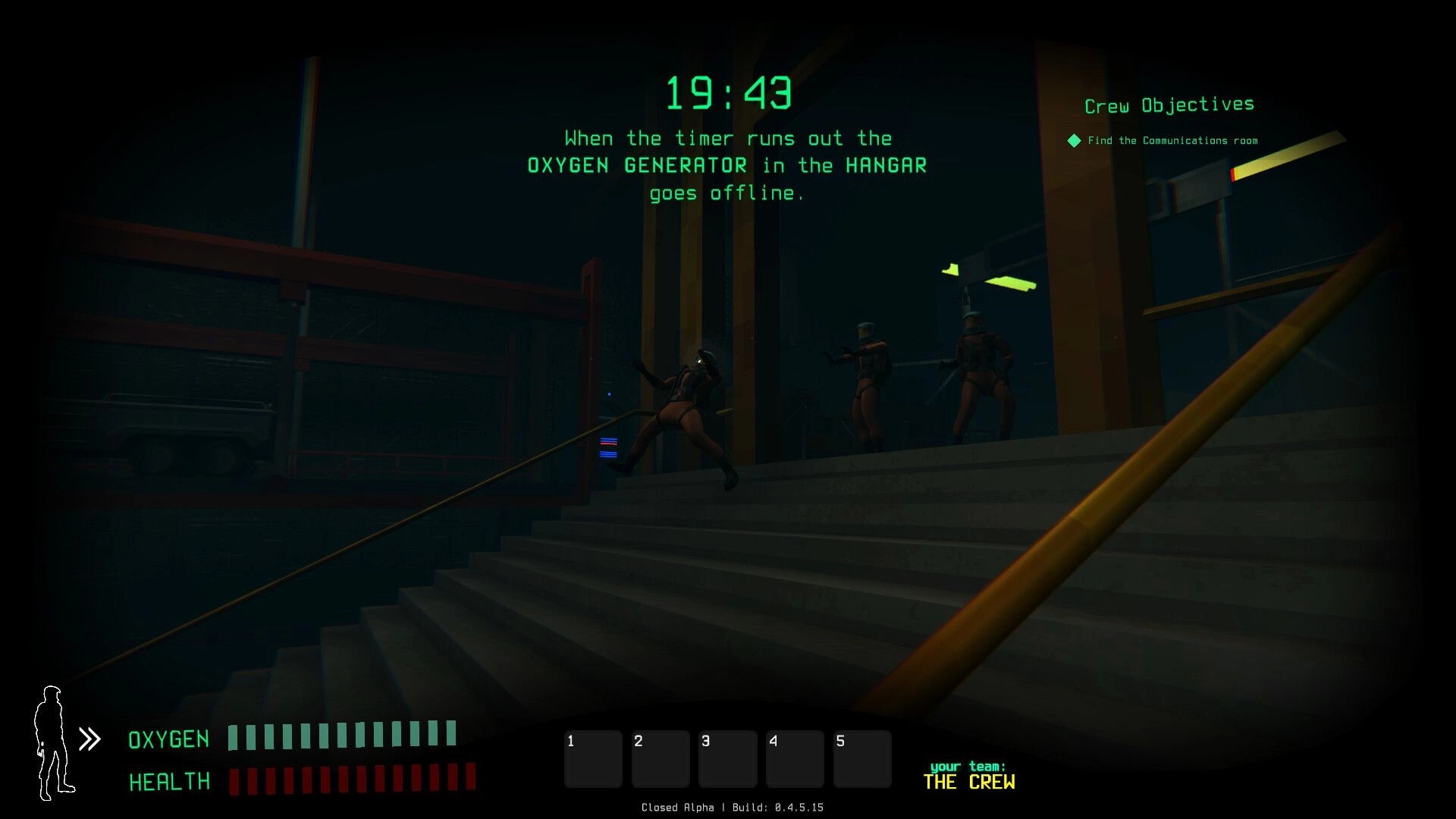 Traitors: Three characters ascend stairs in dimly lit space station, oxygen and health bars shown