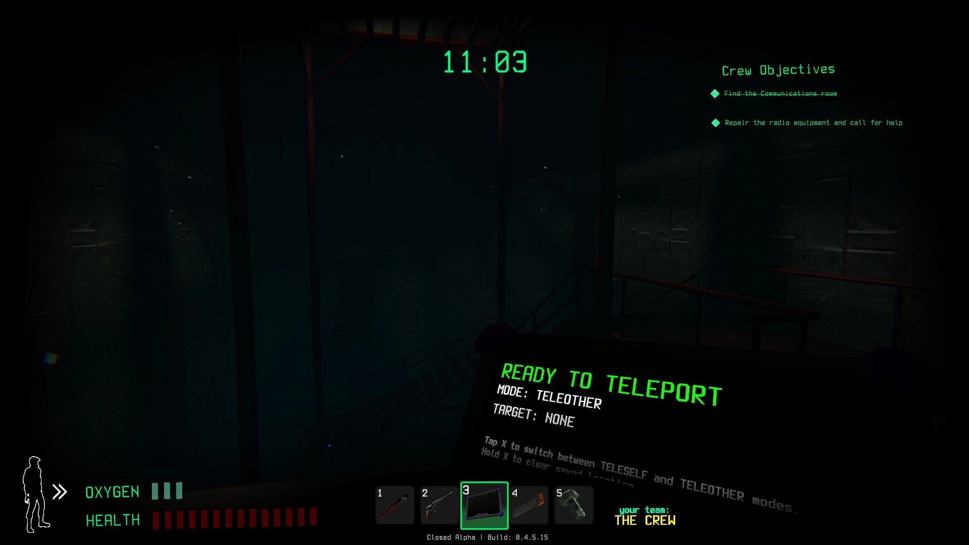 Traitors: Player readies teleport in dimly lit space station, objectives and inventory visible
