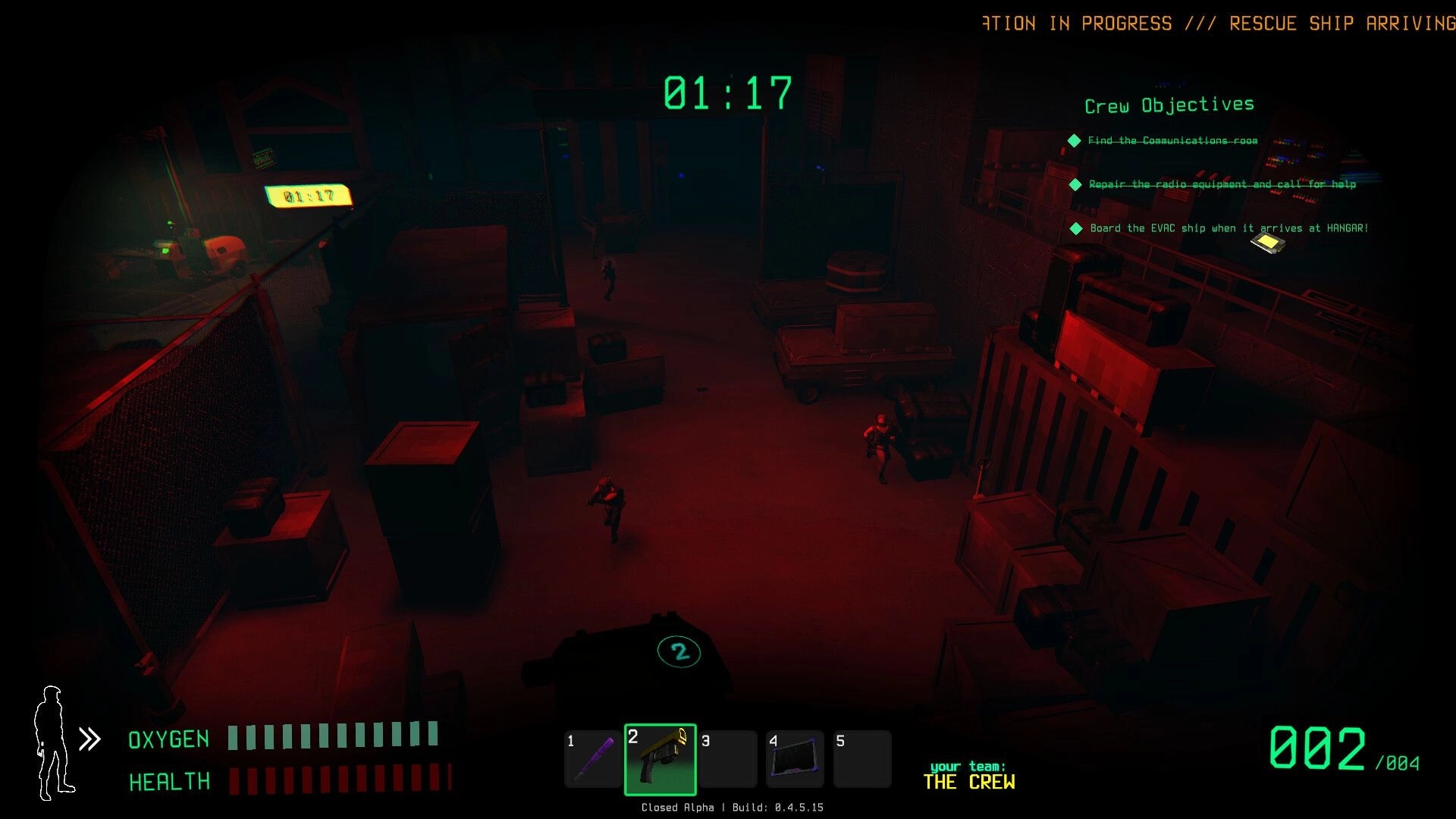 Traitors: Players navigate a dimly lit space station with objectives; UI shows health, oxygen, and timer.
