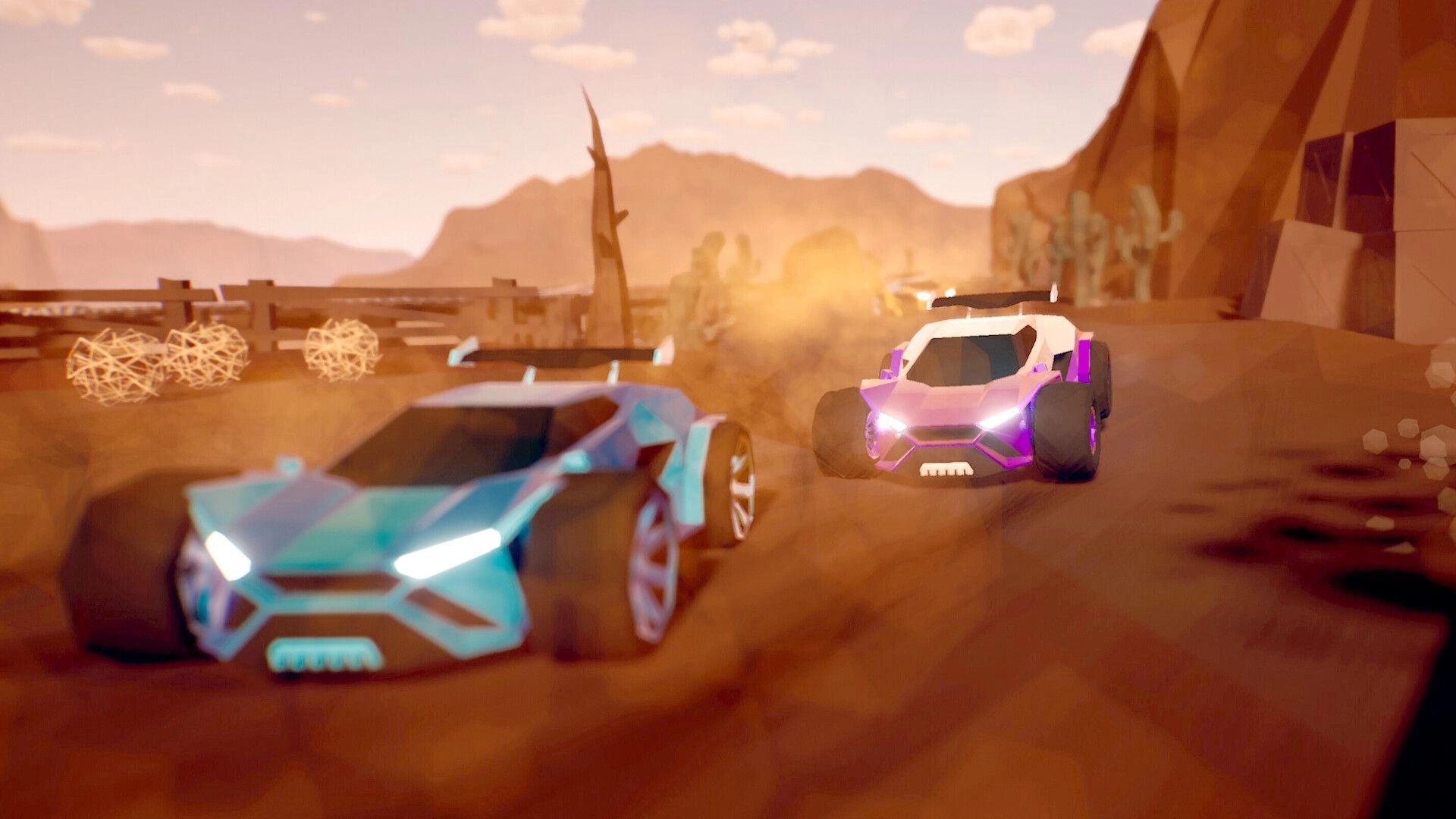 Traks: Two futuristic cars drifting on a dusty desert track with fences, cacti, and cliffs.