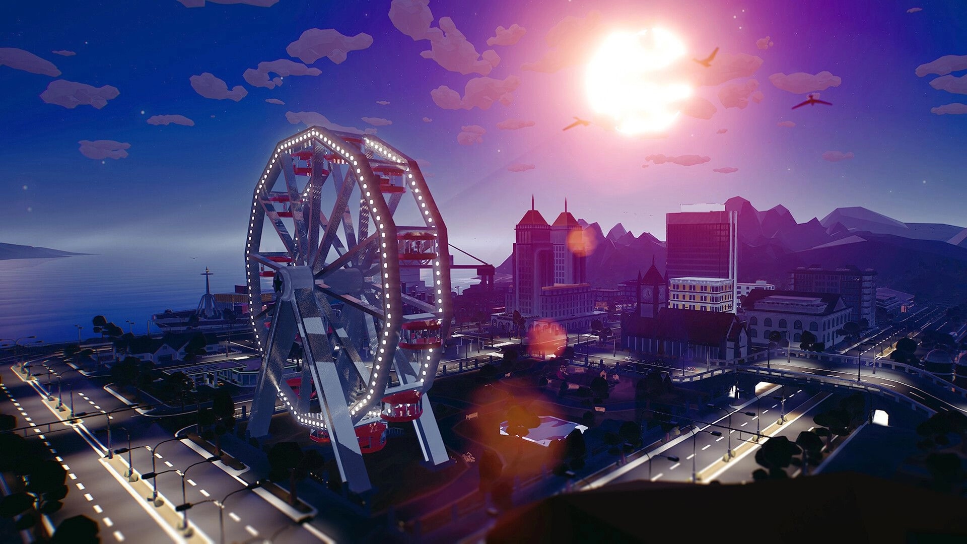 Traks: Giant lit ferris wheel towers over coastal city streets at sunset with birds in sky.