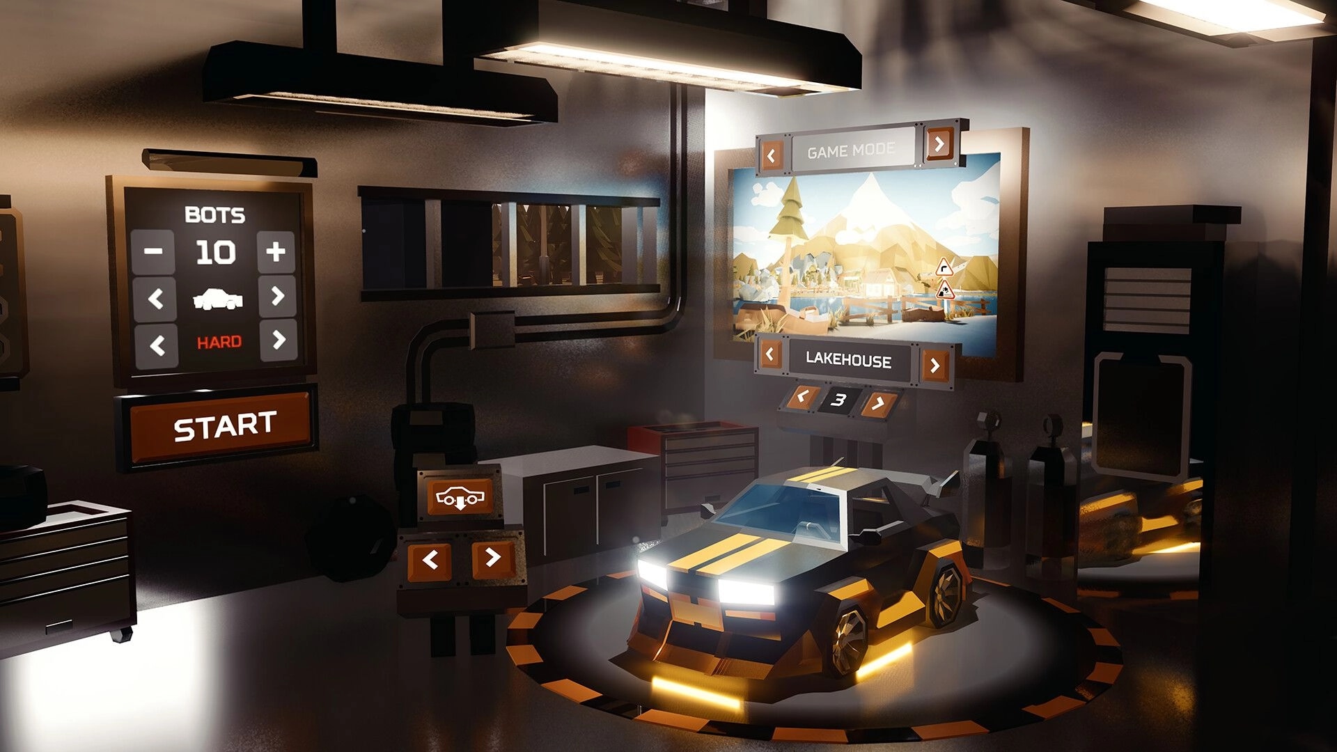 Traks: Car selection garage with bots set to 10 hard and Lakehouse mode screen, Start button.