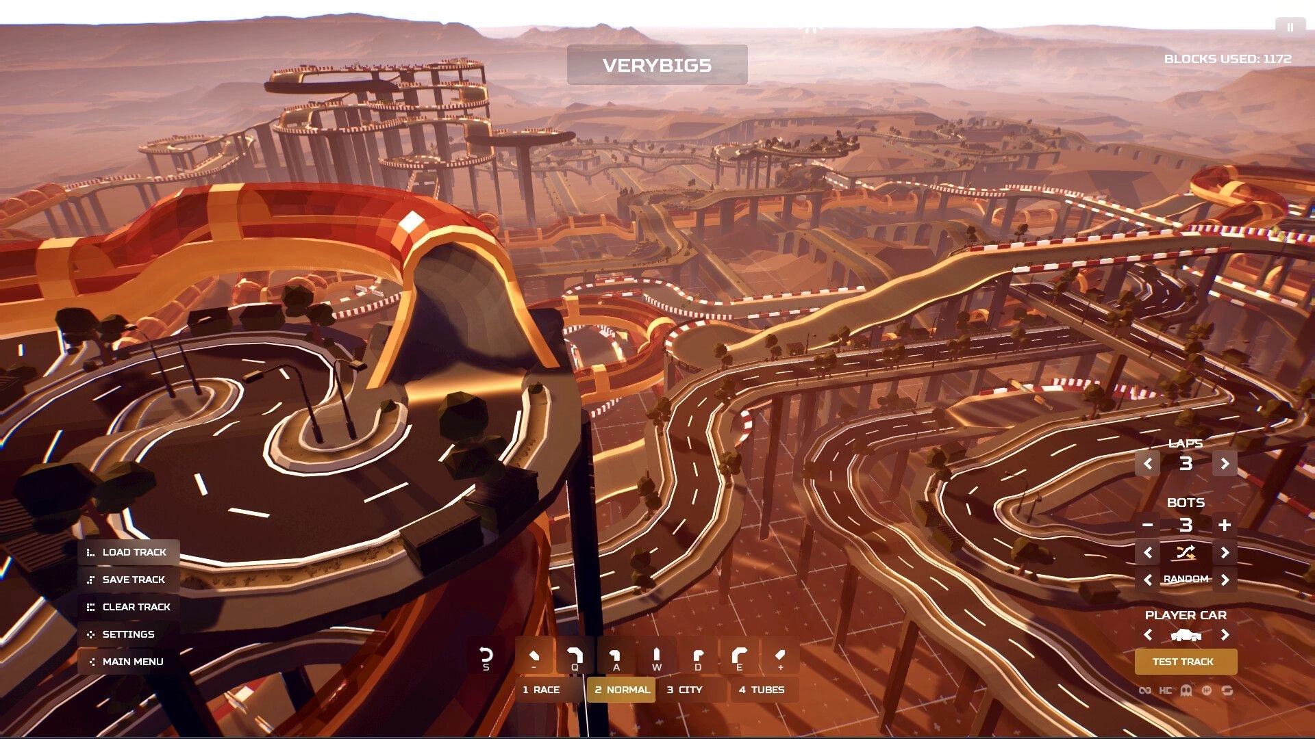 Traks: Track editor view of a sprawling elevated highway maze in desert canyon with laps and bots UI.