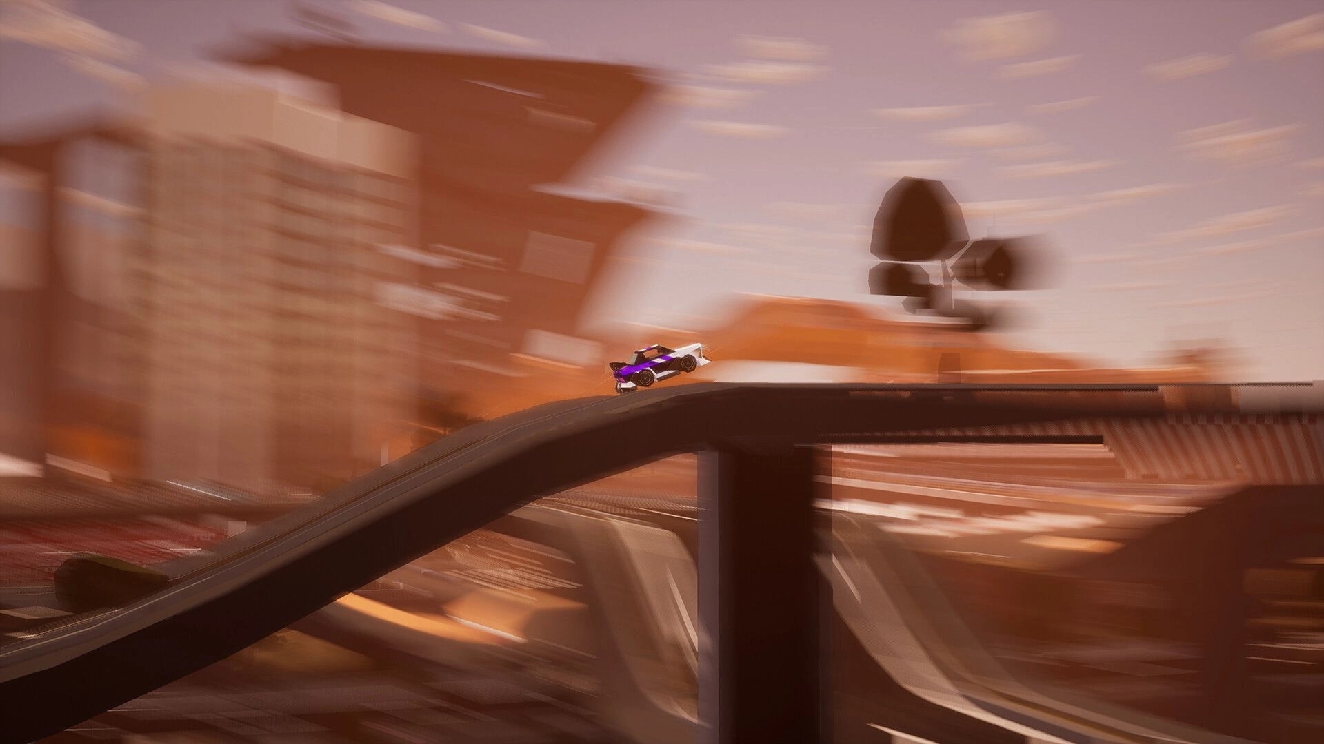 Traks: Purple-and-white car launches off a curved ramp track above a blurred city skyline backdrop.