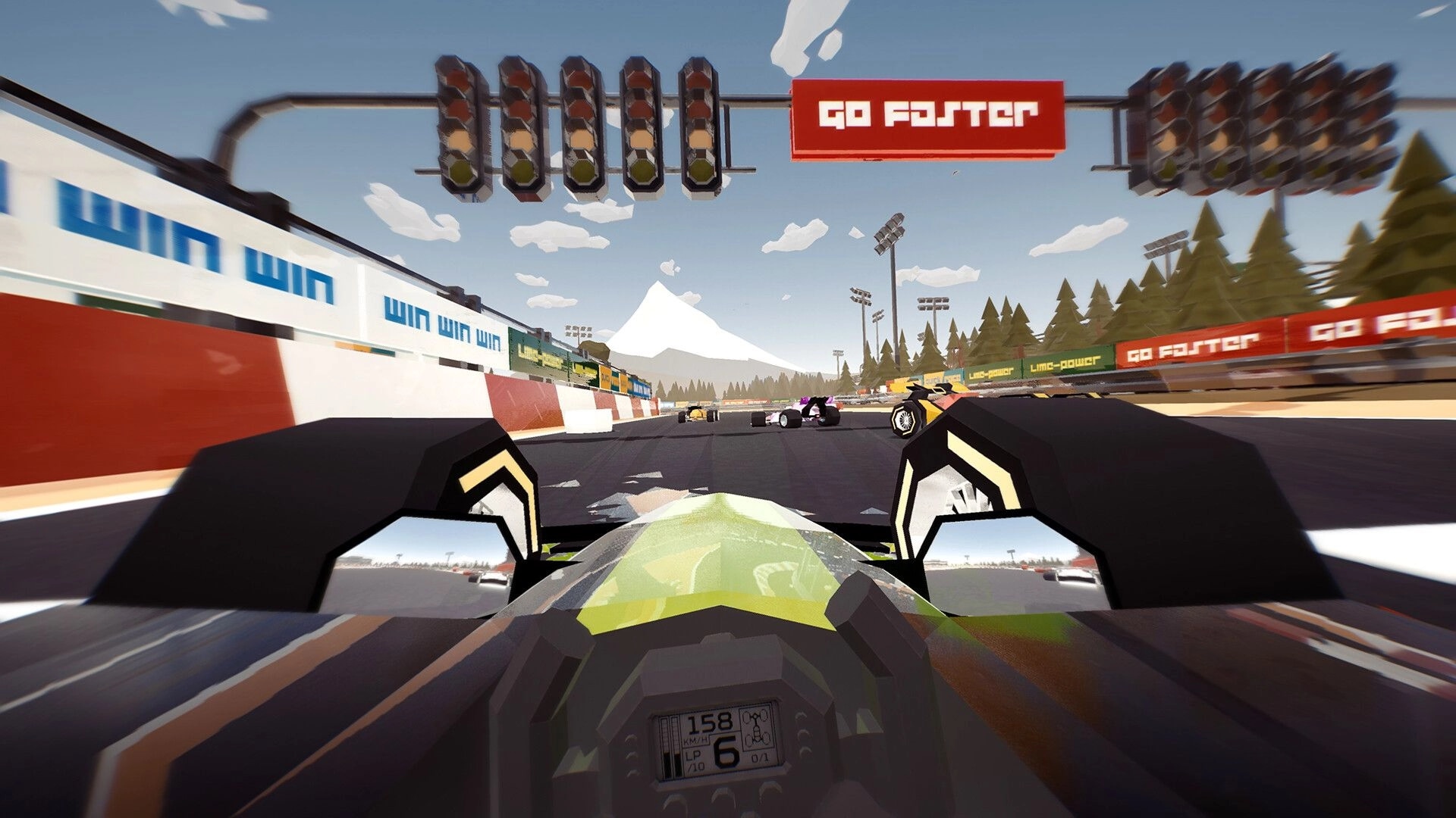 Traks: First-person cockpit view racing past opponents under start lights on a stadium track circuit.