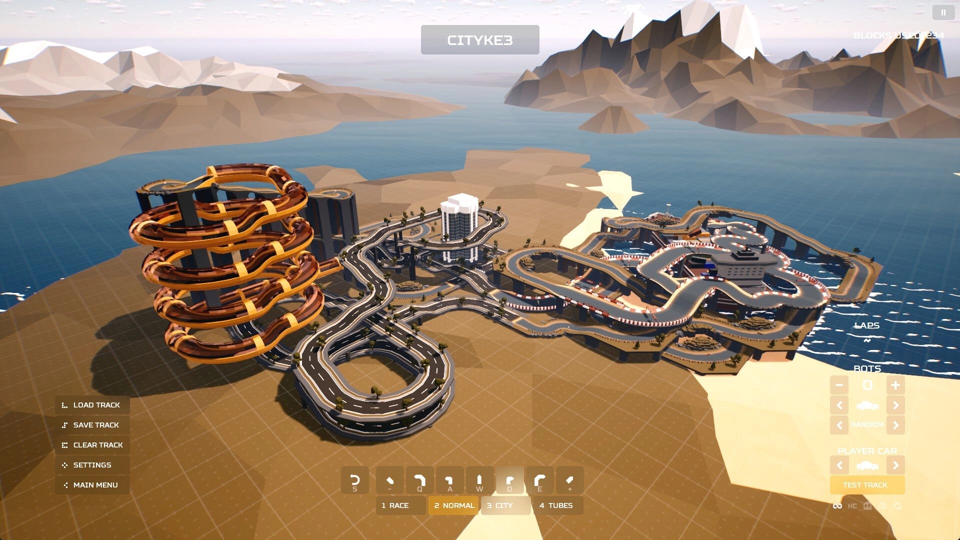 Traks: Track editor overview with winding roads and spiral tubes on a coastal island map, UI menus visible.