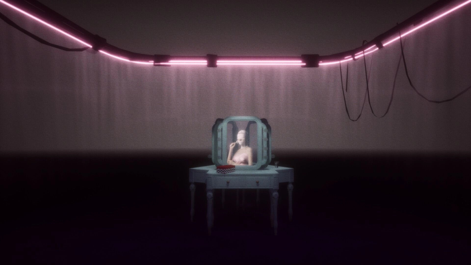 Transit: Woman at vanity mirror holding a cigarette beneath pink neon lights in a dark room.