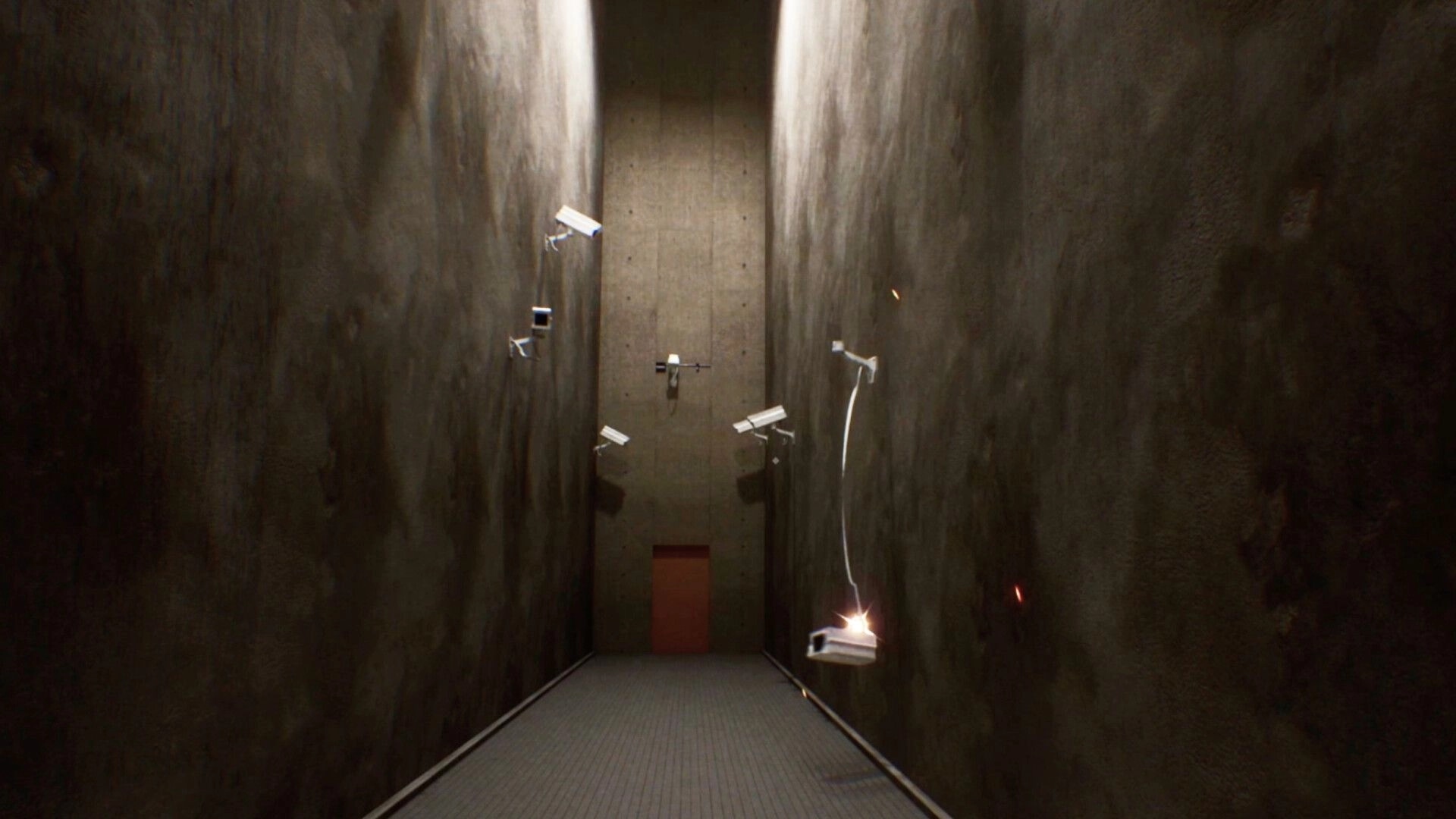 Transit: First-person view down a narrow corridor with floating security cameras and a red door ahead.