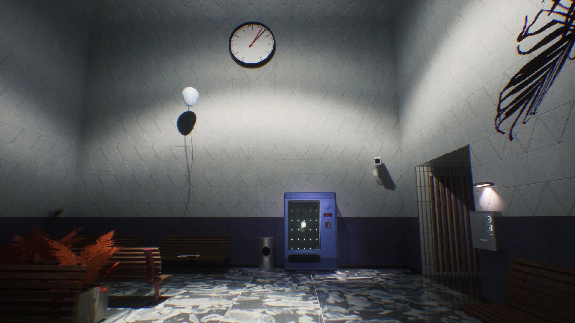 Transit: Empty station waiting room with bench, balloons, and vending machine under wall clock.