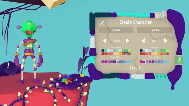 Trash: Character customization screen with options for head, torso, and color palettes visible