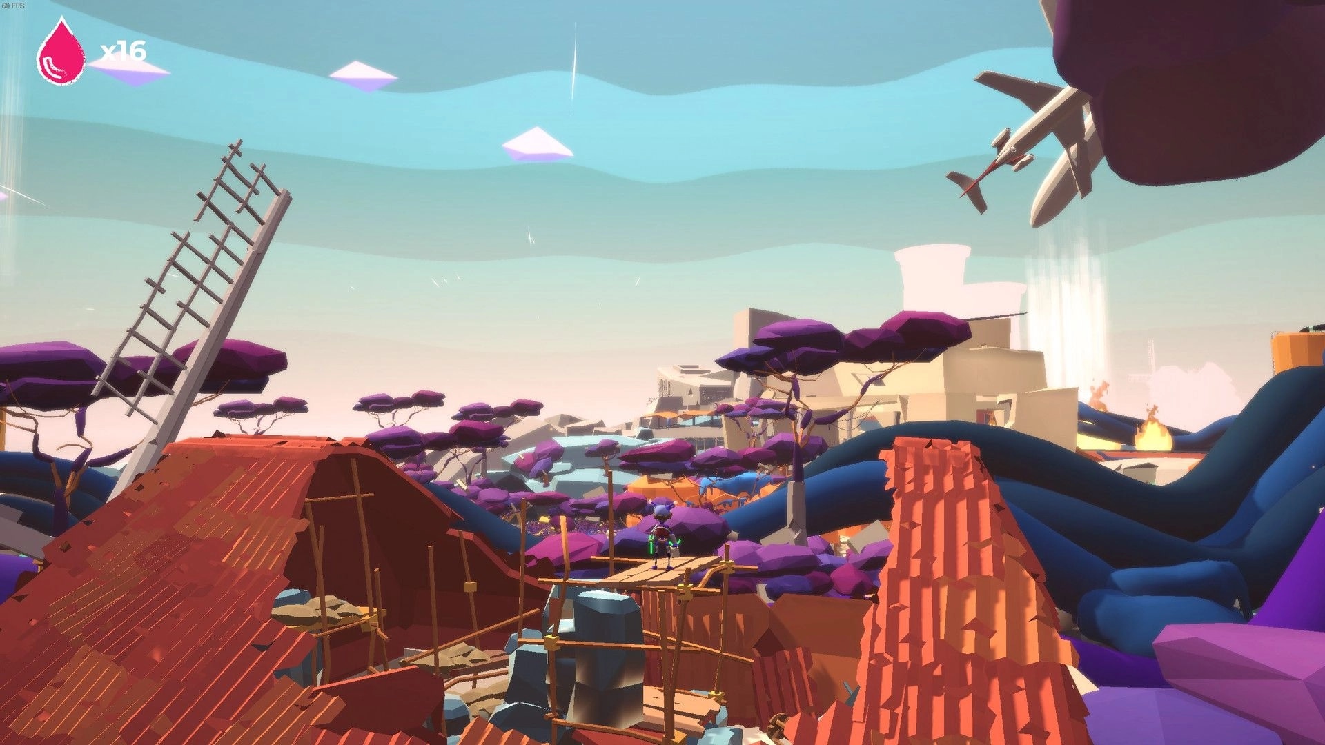 Trash: Character exploring a vibrant landscape with purple trees and a crashed plane overhead