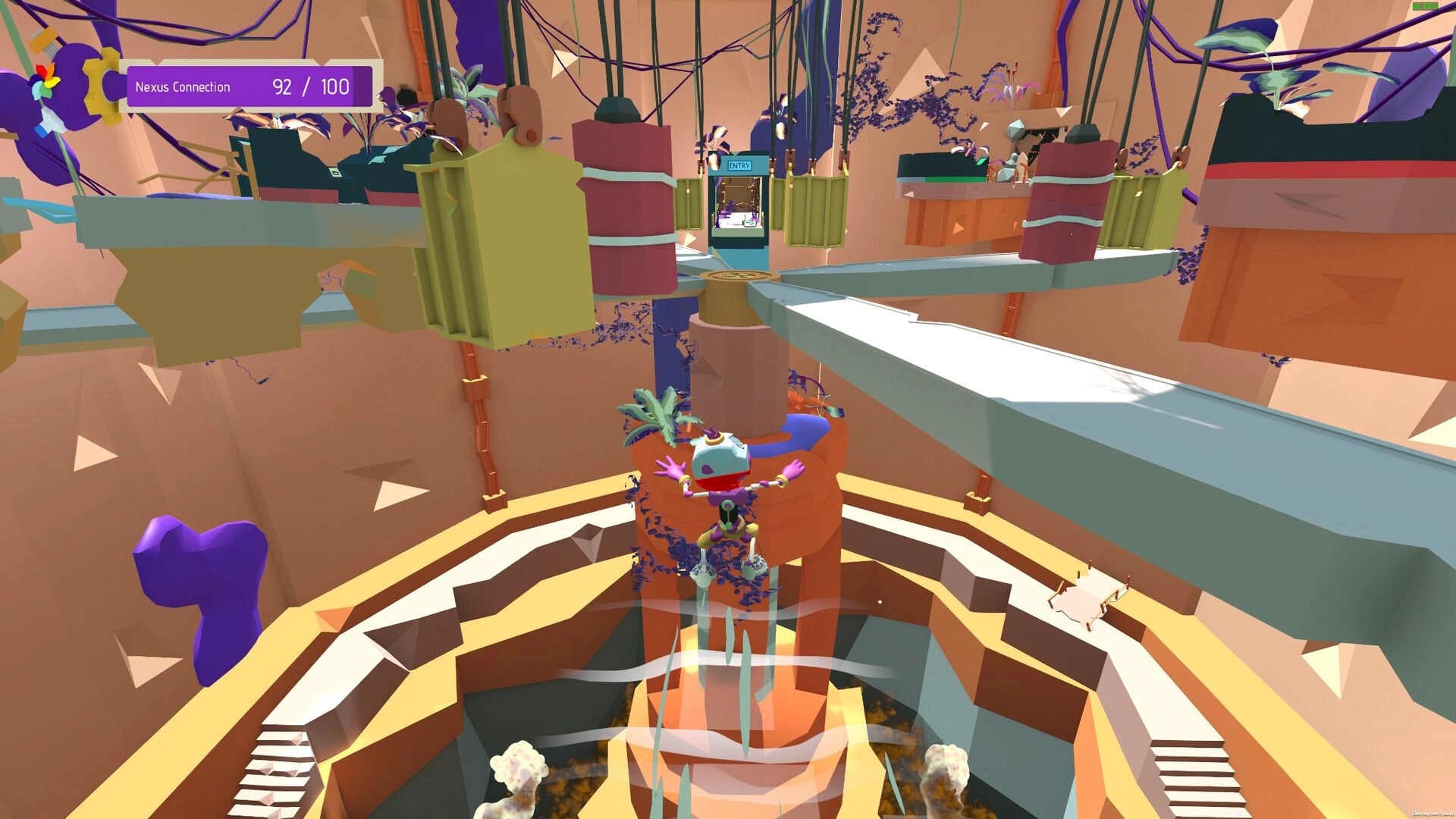 Trash: Character gliding down a colorful shaft with platforms and plants, nexus connection at 92/100