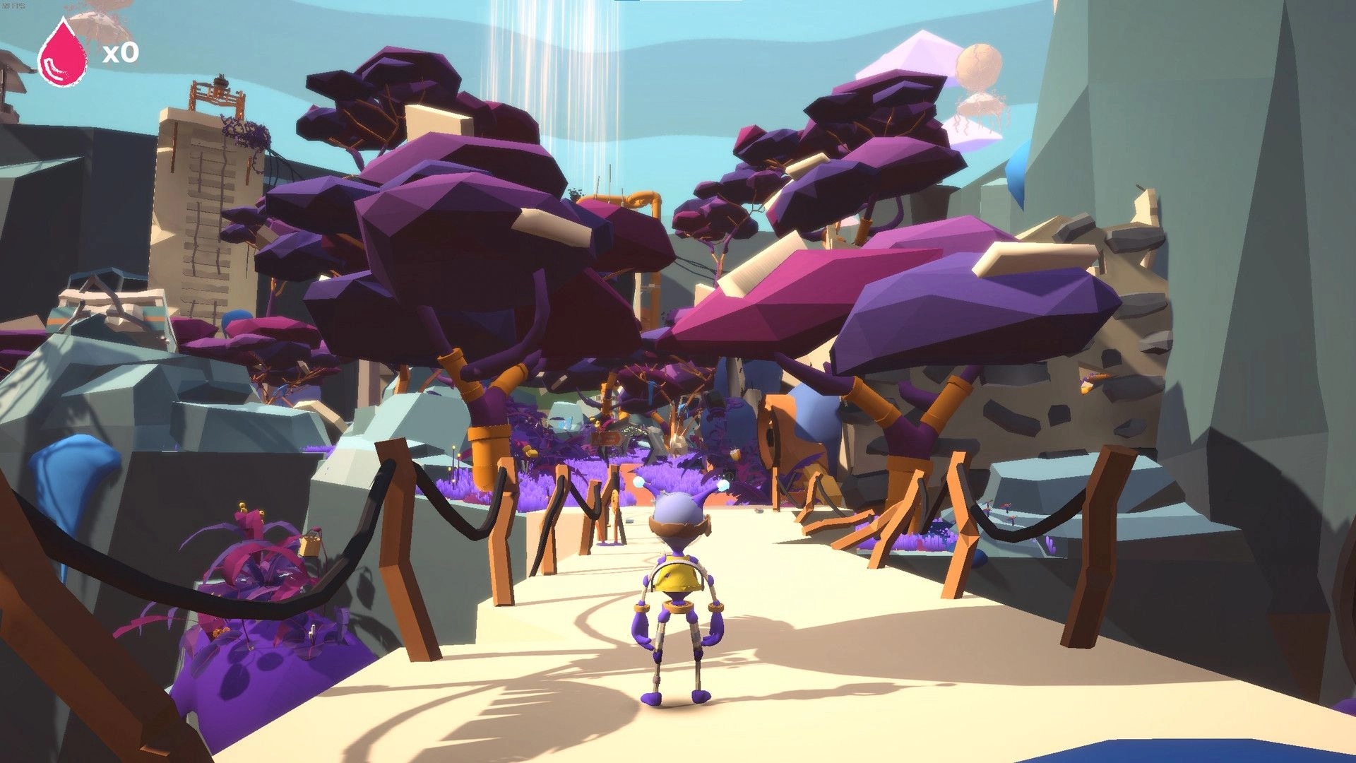 Trash: Character exploring a colorful forest path with purple trees and a structure in the background