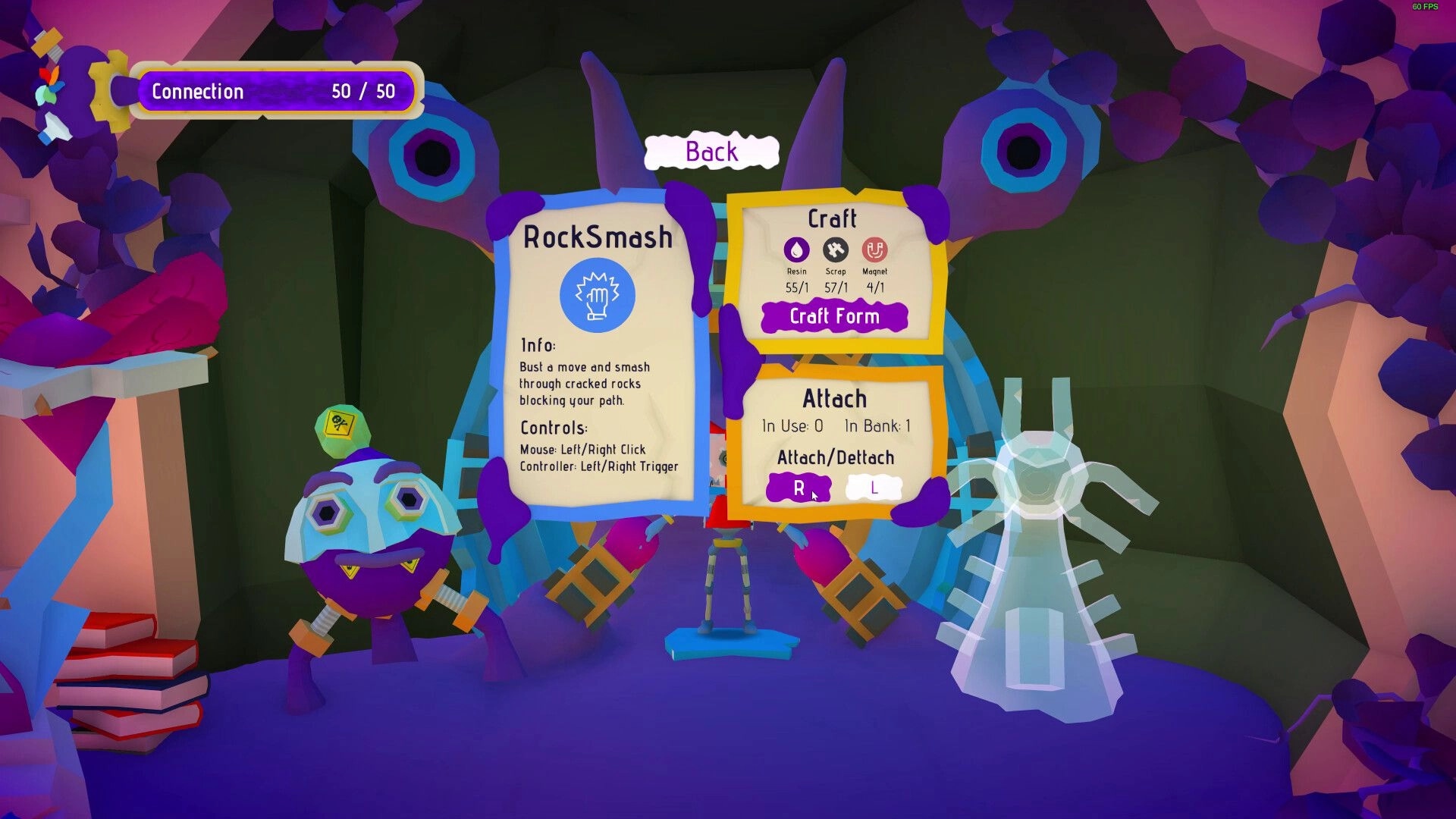 Trash: Crafting menu with RockSmash info and attach options in a colorful, creature-filled cave.