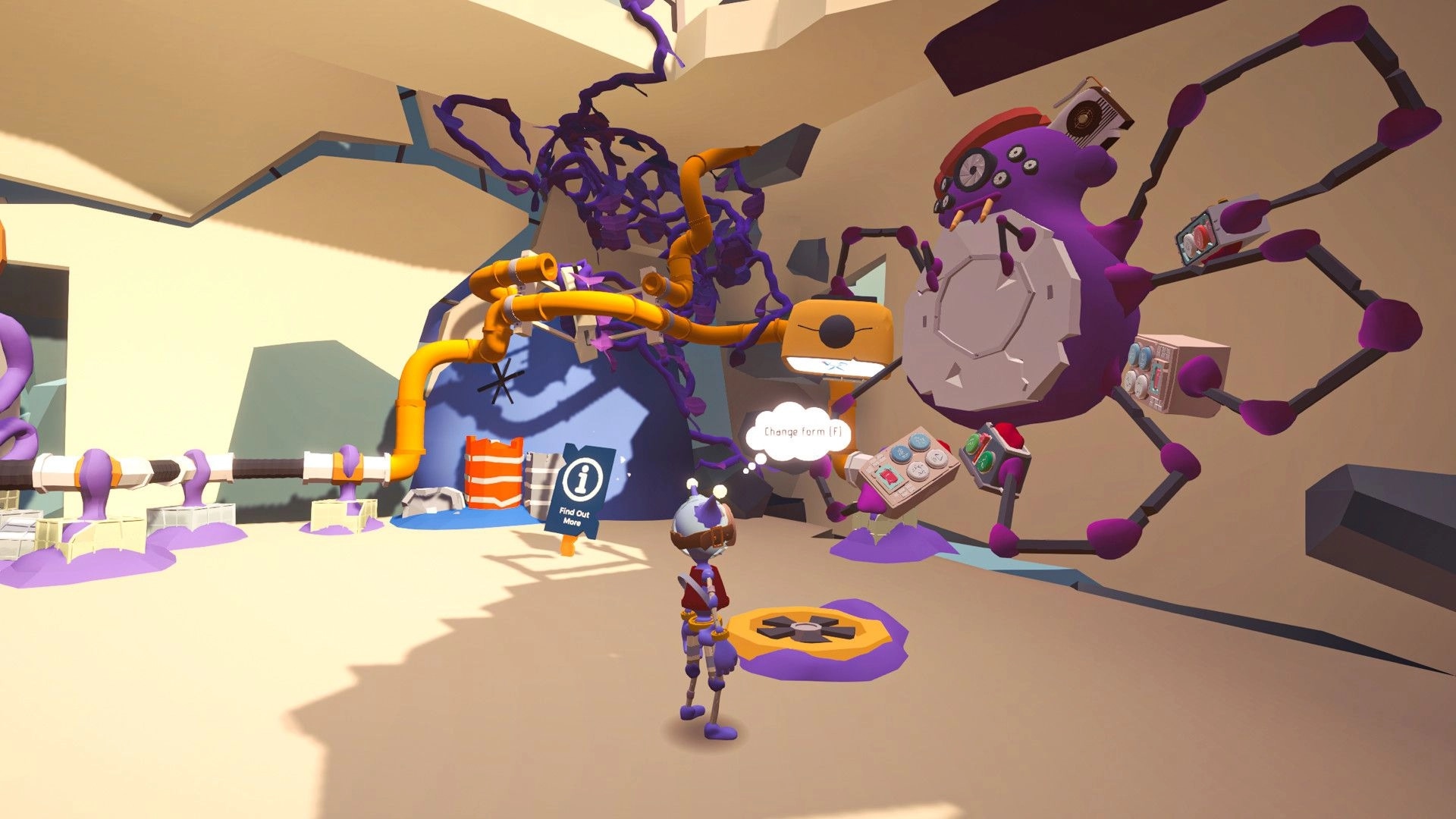 Trash: Character near info sign and robotic creature in workshop area, prompt to change form visible