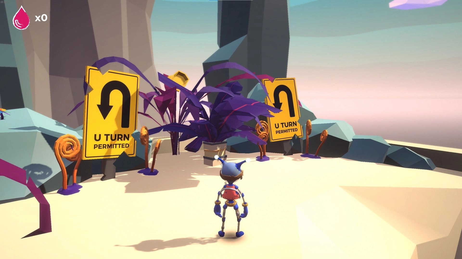 Trash: Character stands in front of U-turn signs and purple plants on a sandy path in rocky terrain.