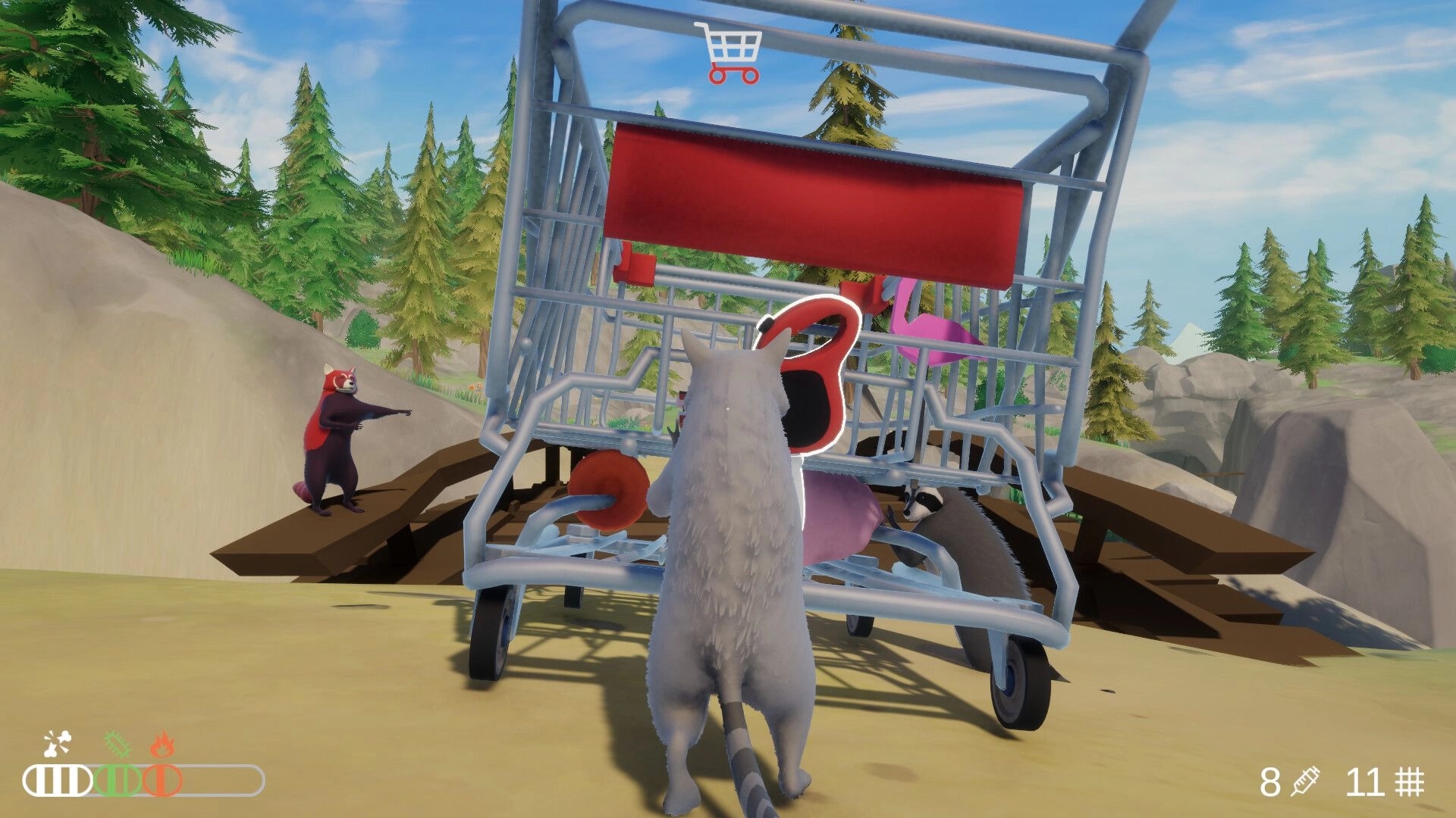 Trash Day: Raccoon pushes a loaded shopping cart with other animals on a sunny forest hillside.
