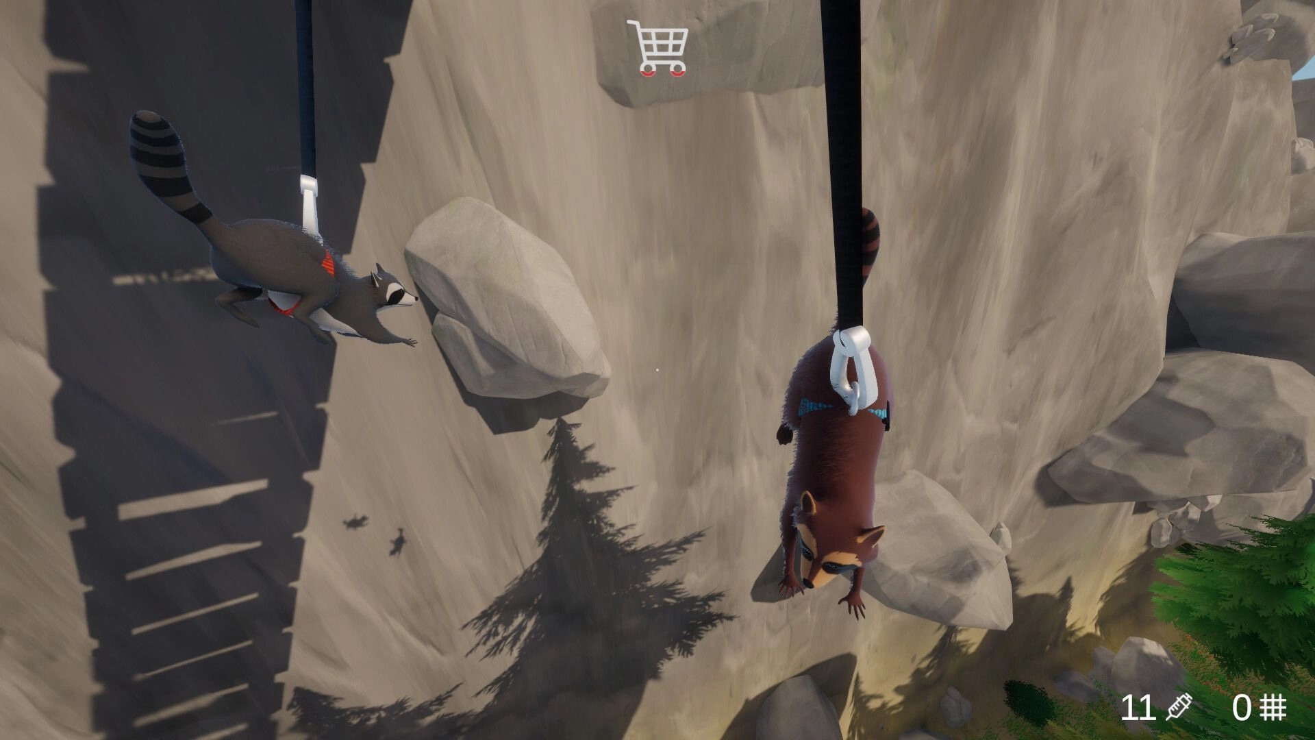 Trash Day: Two raccoons swing on ropes over a rocky cliffside, shopping cart icon UI above.