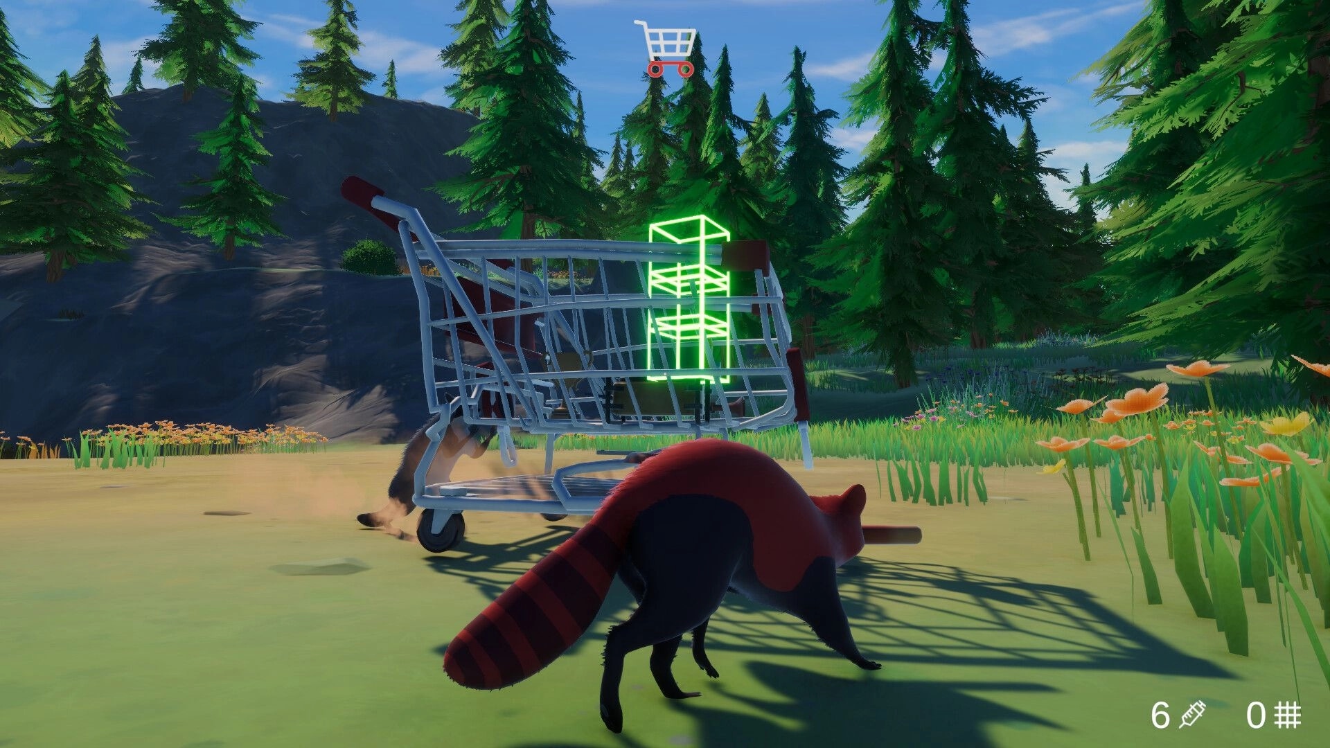Trash Day: Raccoon pushes a shopping cart toward a glowing marker in a sunny pine forest clearing.